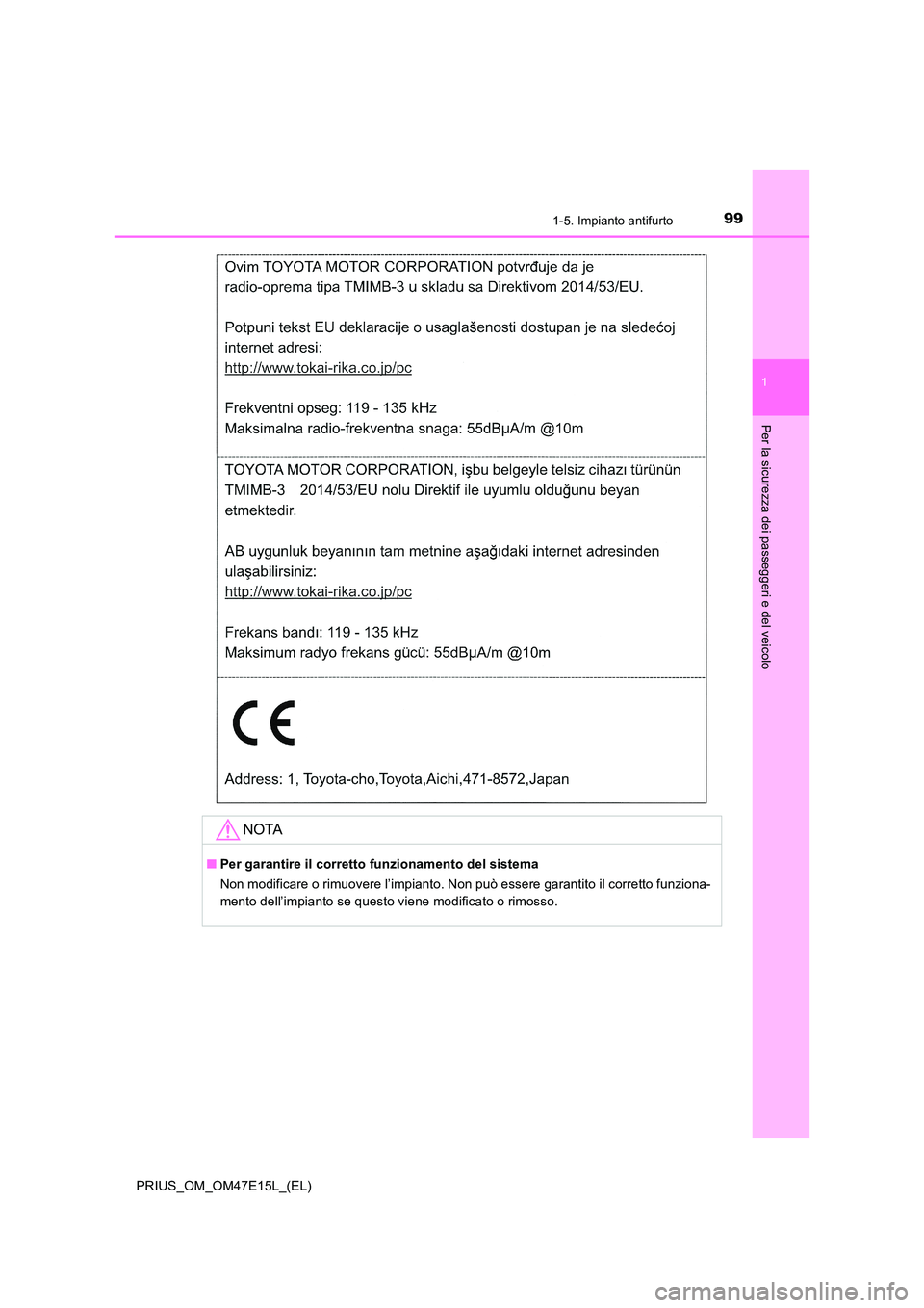 TOYOTA PRIUS 2021  Manuale duso (in Italian) 991-5. Impianto antifurto
1
PRIUS_OM_OM47E15L_(EL)
Per la sicurezza dei passeggeri e del veicolo
NOTA
�QPer garantire il corretto funzionamento del sistema 
Non modificare o rimuovere l’impianto. No