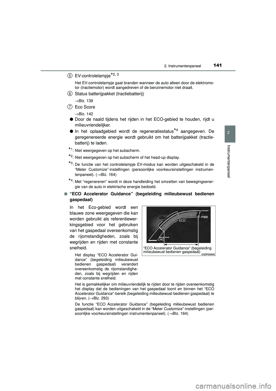 TOYOTA PRIUS 2021 Instructieboekje (in Dutch) 1412. Instrumentenpaneel
2
Instrumentenpaneel
PRIUS_OM_OM47E11E_(EE)
EV-controlelampje*2, 3
Het EV-controlelampje gaat branden wanneer de auto alleen door de elektromo-
tor (tractiemotor) wordt aanged TOYOTA PRIUS 2021 Instructieboekje (in Dutch) 1412. Instrumentenpaneel
2
Instrumentenpaneel
PRIUS_OM_OM47E11E_(EE)
EV-controlelampje*2, 3
Het EV-controlelampje gaat branden wanneer de auto alleen door de elektromo-
tor (tractiemotor) wordt aanged