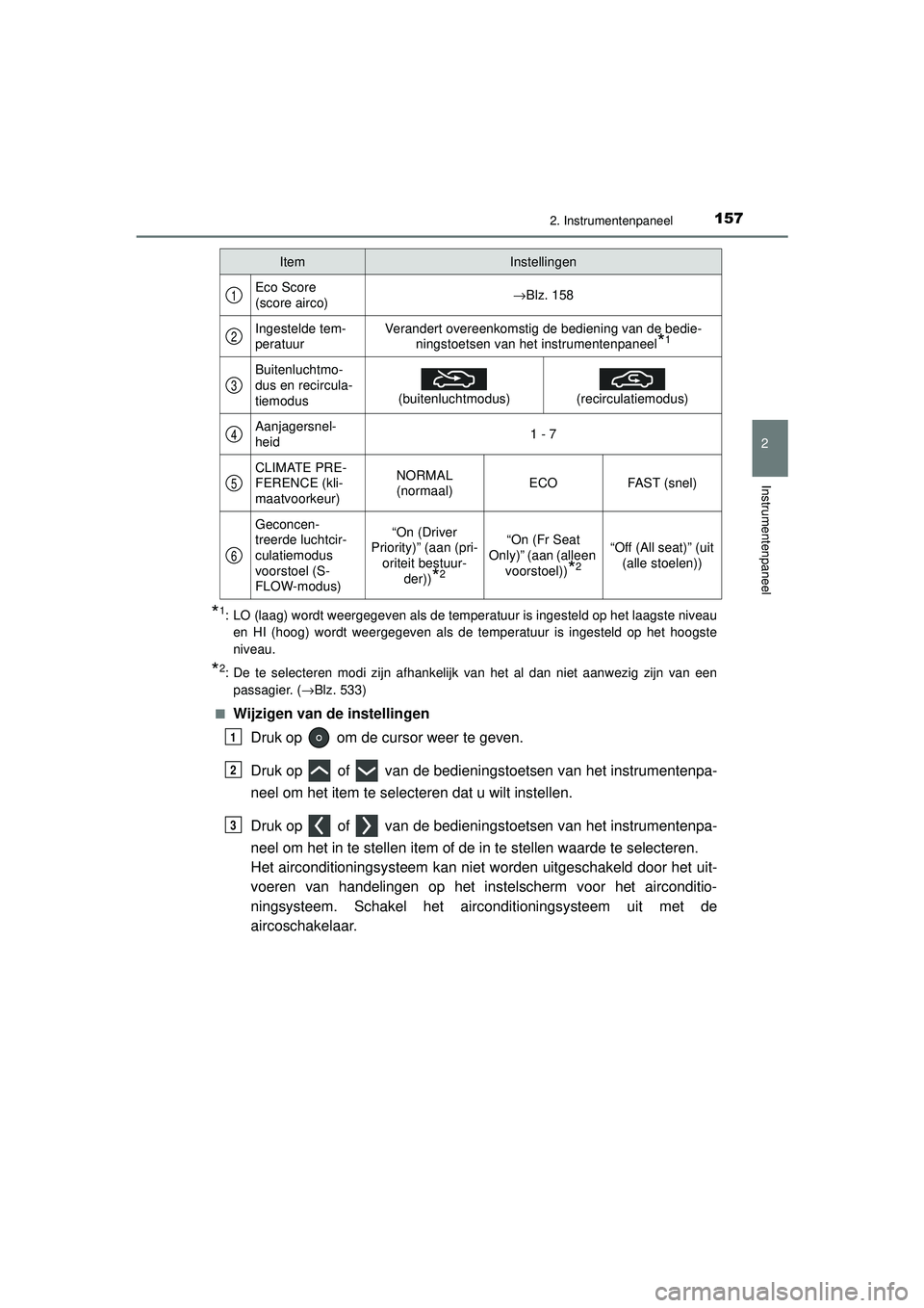TOYOTA PRIUS 2021 Instructieboekje (in Dutch) 1572. Instrumentenpaneel
2
Instrumentenpaneel
PRIUS_OM_OM47E11E_(EE)
*1: LO (laag) wordt weergegeven als de temperatuur is ingesteld op het laagste niveauen HI (hoog) wordt weergegeven als de temperat TOYOTA PRIUS 2021 Instructieboekje (in Dutch) 1572. Instrumentenpaneel
2
Instrumentenpaneel
PRIUS_OM_OM47E11E_(EE)
*1: LO (laag) wordt weergegeven als de temperatuur is ingesteld op het laagste niveauen HI (hoog) wordt weergegeven als de temperat