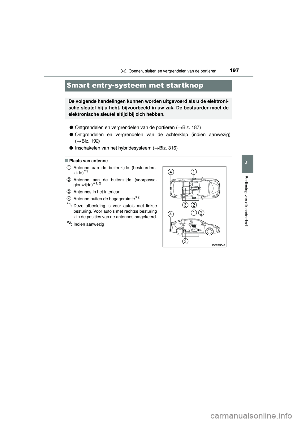 TOYOTA PRIUS 2021 Instructieboekje (in Dutch) 197
3
3-2. Openen, sluiten en vergrendelen van de portieren
Bediening van elk onderdeel
PRIUS_OM_OM47E11E_(EE)
Smart entr y-systeem met startknop
●Ontgrendelen en vergrendelen van de portieren ( → TOYOTA PRIUS 2021 Instructieboekje (in Dutch) 197
3
3-2. Openen, sluiten en vergrendelen van de portieren
Bediening van elk onderdeel
PRIUS_OM_OM47E11E_(EE)
Smart entr y-systeem met startknop
●Ontgrendelen en vergrendelen van de portieren ( →