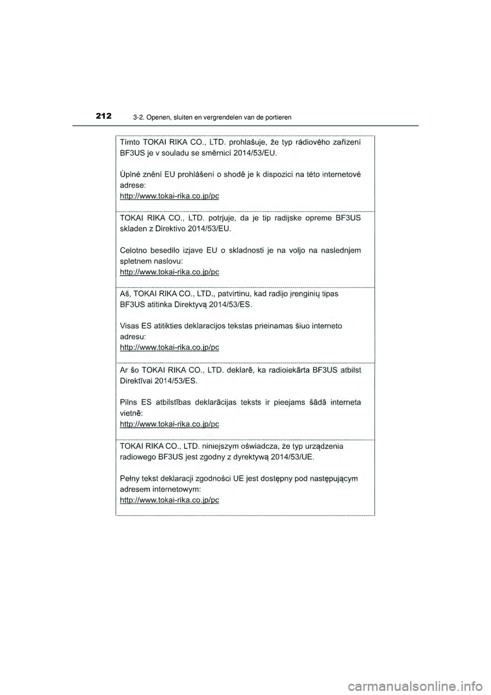 TOYOTA PRIUS 2021  Instructieboekje (in Dutch) 2123-2. Openen, sluiten en vergrendelen van de portieren
PRIUS_OM_OM47E11E_(EE)
PRIUS_OM_OM47E11E_(EE).book  Page 212  Monday, July 6, 2020  1:18 PM 