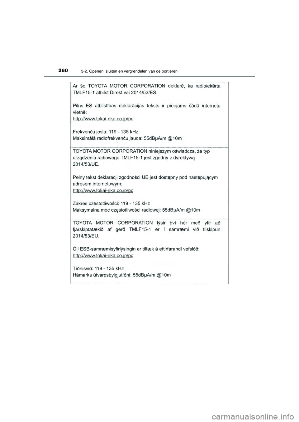 TOYOTA PRIUS 2021  Instructieboekje (in Dutch) 2603-2. Openen, sluiten en vergrendelen van de portieren
PRIUS_OM_OM47E11E_(EE)
PRIUS_OM_OM47E11E_(EE).book  Page 260  Monday, July 6, 2020  1:18 PM 