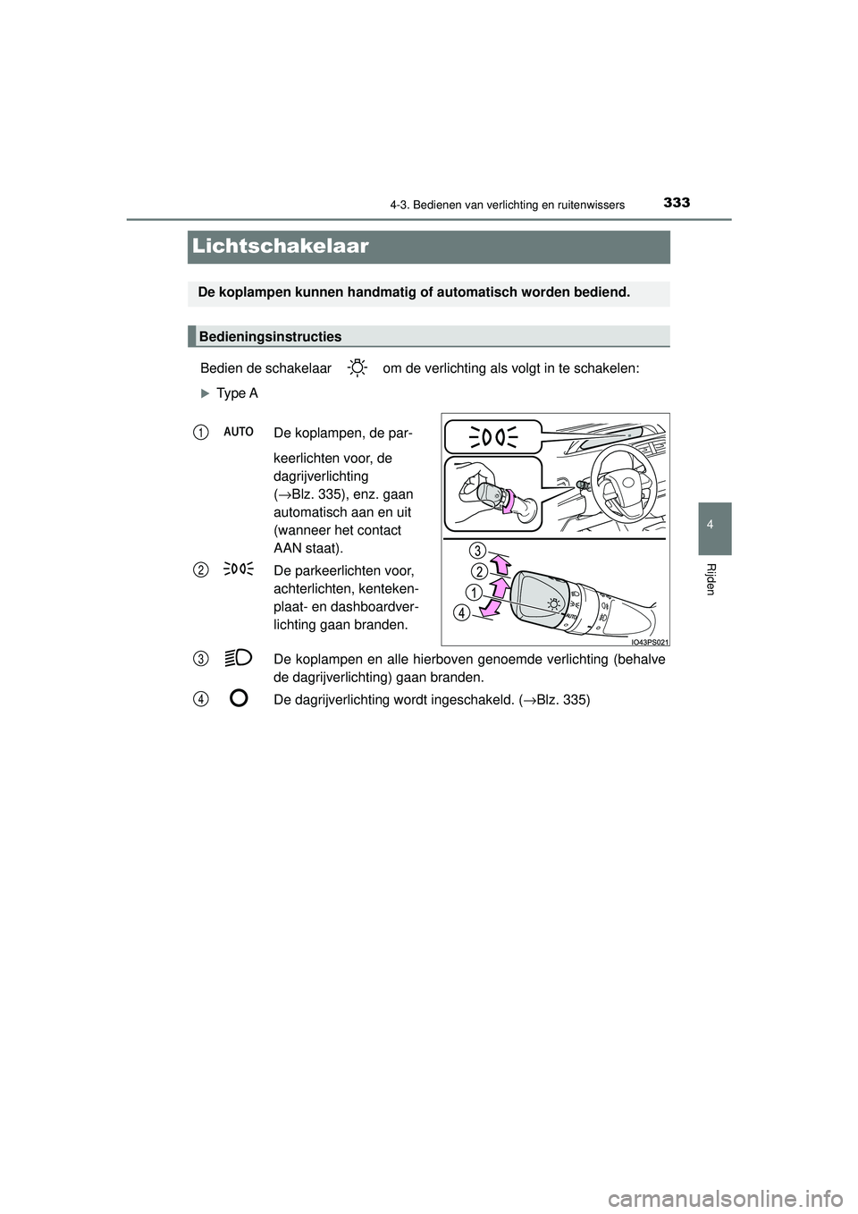 TOYOTA PRIUS 2021  Instructieboekje (in Dutch) 333
4
4-3. Bedienen van verlichting en ruitenwissers
Rijden
PRIUS_OM_OM47E11E_(EE)
Lichtschakelaar
Bedien de schakelaar   om de verlichting als volgt in te schakelen:
Type ADe koplampen, de par-
ke