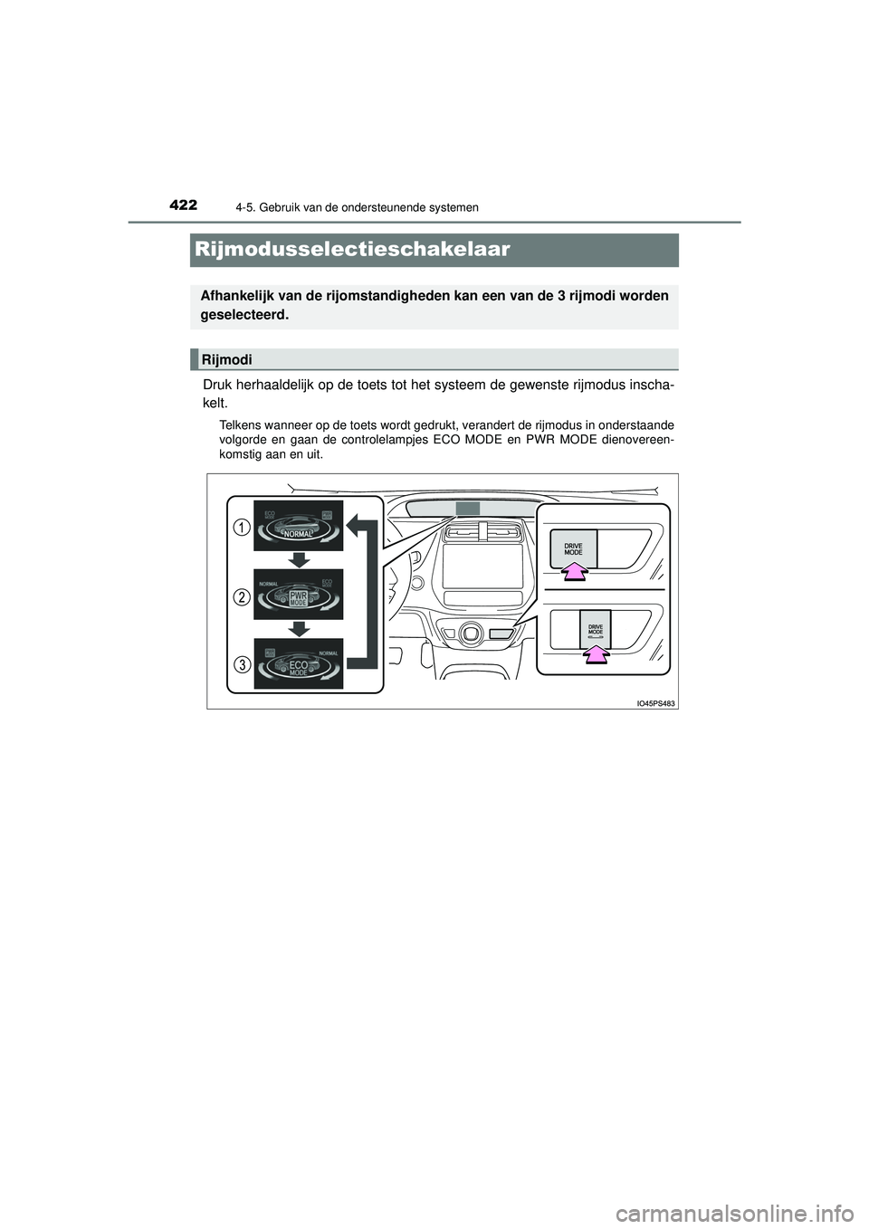 TOYOTA PRIUS 2021  Instructieboekje (in Dutch) 4224-5. Gebruik van de ondersteunende systemen
PRIUS_OM_OM47E11E_(EE)
Rijmodusselectieschakelaar
Druk herhaaldelijk op de toets tot het systeem de gewenste rijmodus inscha-
kelt.
Telkens wanneer op de