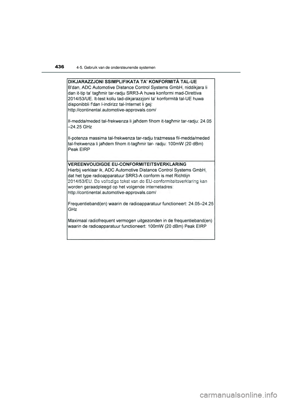 TOYOTA PRIUS 2021  Instructieboekje (in Dutch) 4364-5. Gebruik van de ondersteunende systemen
PRIUS_OM_OM47E11E_(EE)
PRIUS_OM_OM47E11E_(EE).book  Page 436  Monday, July 6, 2020  1:18 PM 