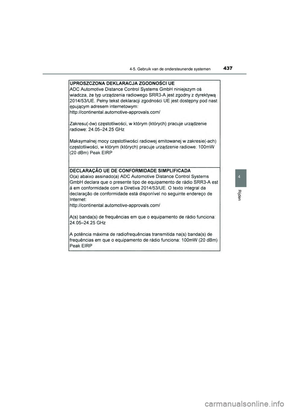 TOYOTA PRIUS 2021  Instructieboekje (in Dutch) 4374-5. Gebruik van de ondersteunende systemen
4
Rijden
PRIUS_OM_OM47E11E_(EE)
PRIUS_OM_OM47E11E_(EE).book  Page 437  Monday, July 6, 2020  1:18 PM 