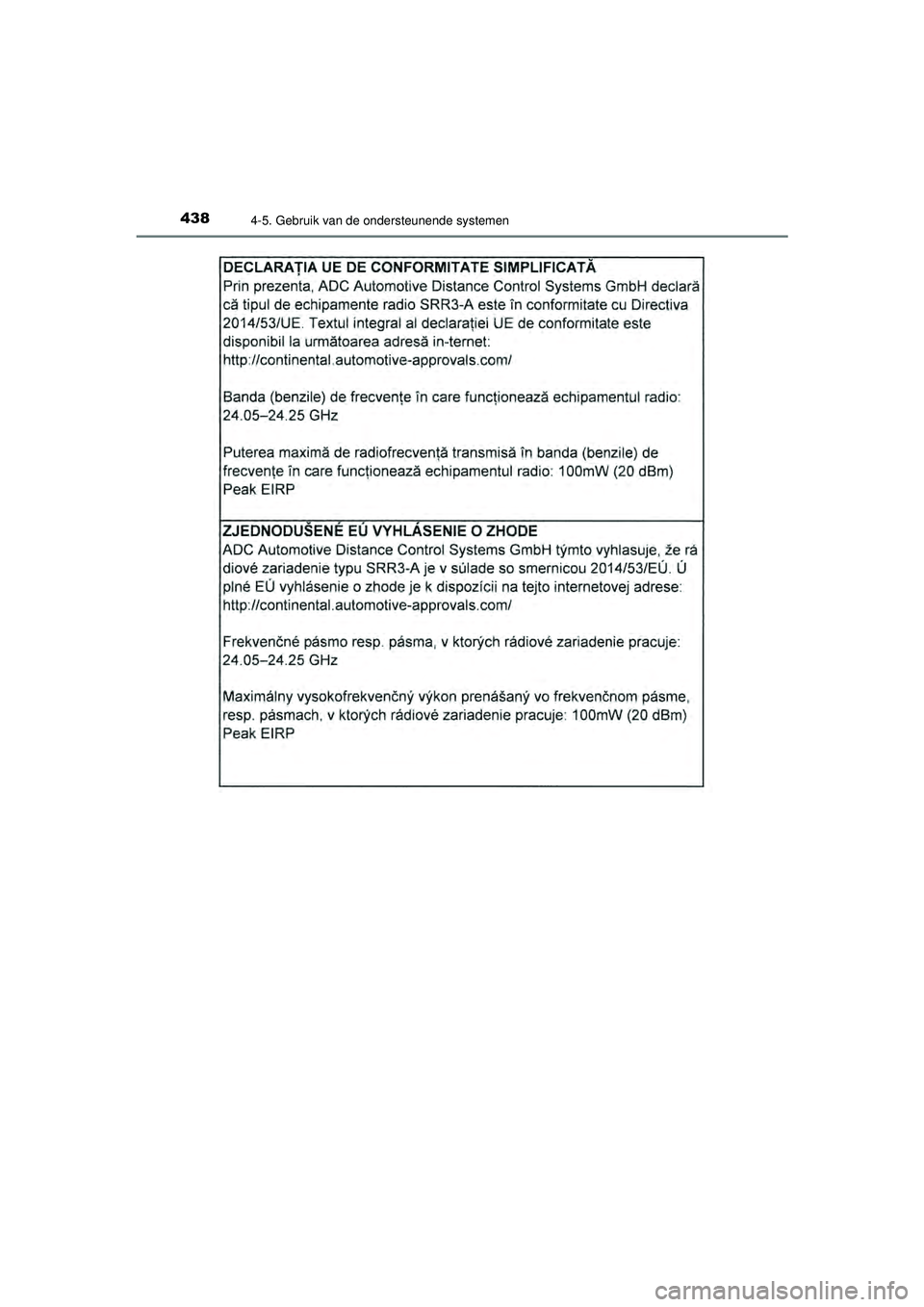 TOYOTA PRIUS 2021  Instructieboekje (in Dutch) 4384-5. Gebruik van de ondersteunende systemen
PRIUS_OM_OM47E11E_(EE)
PRIUS_OM_OM47E11E_(EE).book  Page 438  Monday, July 6, 2020  1:18 PM 