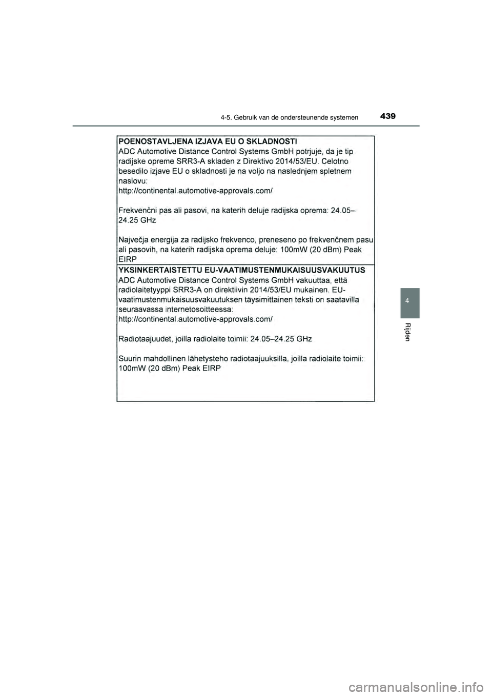 TOYOTA PRIUS 2021  Instructieboekje (in Dutch) 4394-5. Gebruik van de ondersteunende systemen
4
Rijden
PRIUS_OM_OM47E11E_(EE)
PRIUS_OM_OM47E11E_(EE).book  Page 439  Monday, July 6, 2020  1:18 PM 