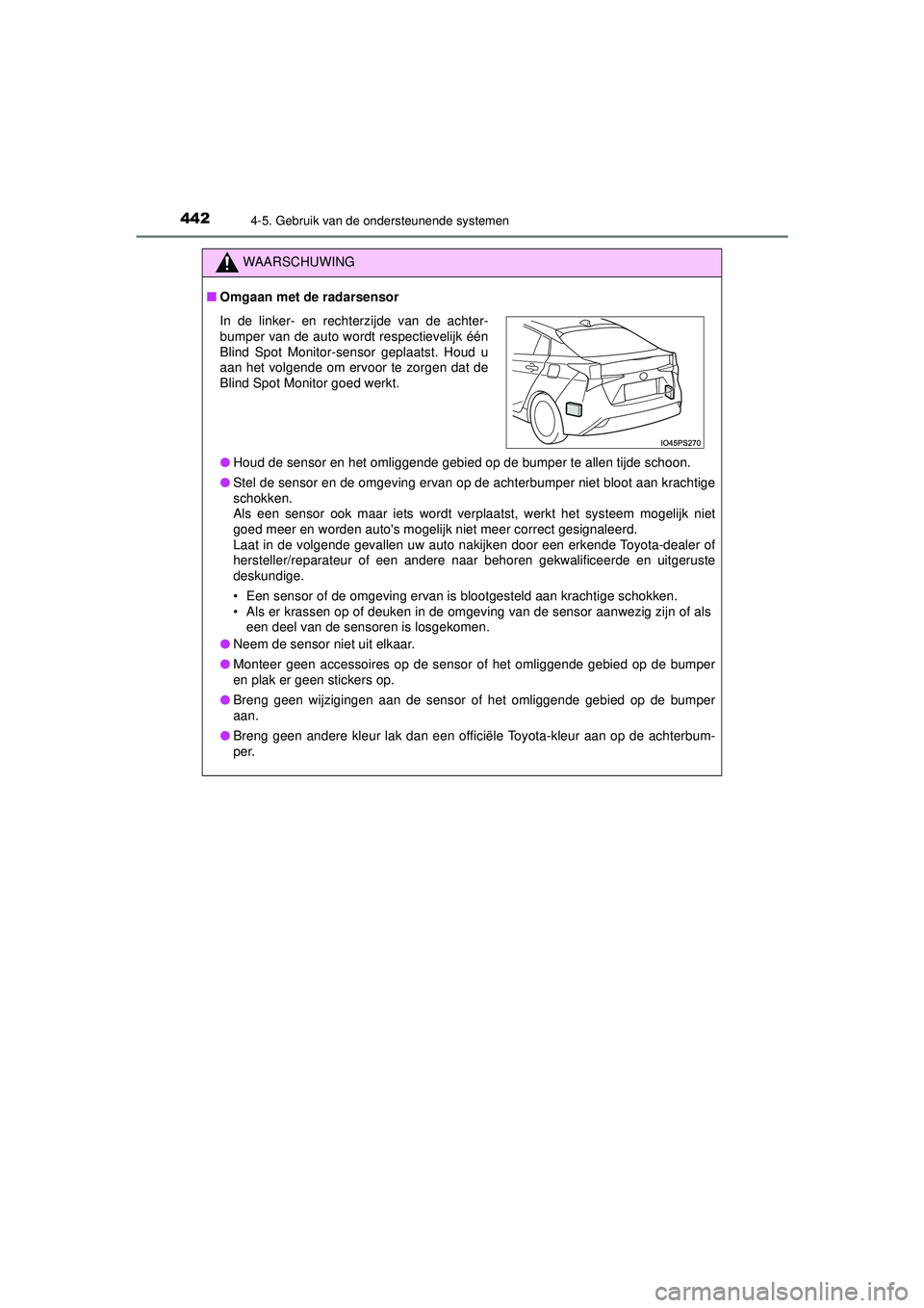 TOYOTA PRIUS 2021 Instructieboekje (in Dutch) 4424-5. Gebruik van de ondersteunende systemen
PRIUS_OM_OM47E11E_(EE)
WAARSCHUWING
■Omgaan met de radarsensor
● Houd de sensor en het omliggende gebied op de bumper te allen tijde schoon.
● Stel TOYOTA PRIUS 2021 Instructieboekje (in Dutch) 4424-5. Gebruik van de ondersteunende systemen
PRIUS_OM_OM47E11E_(EE)
WAARSCHUWING
■Omgaan met de radarsensor
● Houd de sensor en het omliggende gebied op de bumper te allen tijde schoon.
● Stel