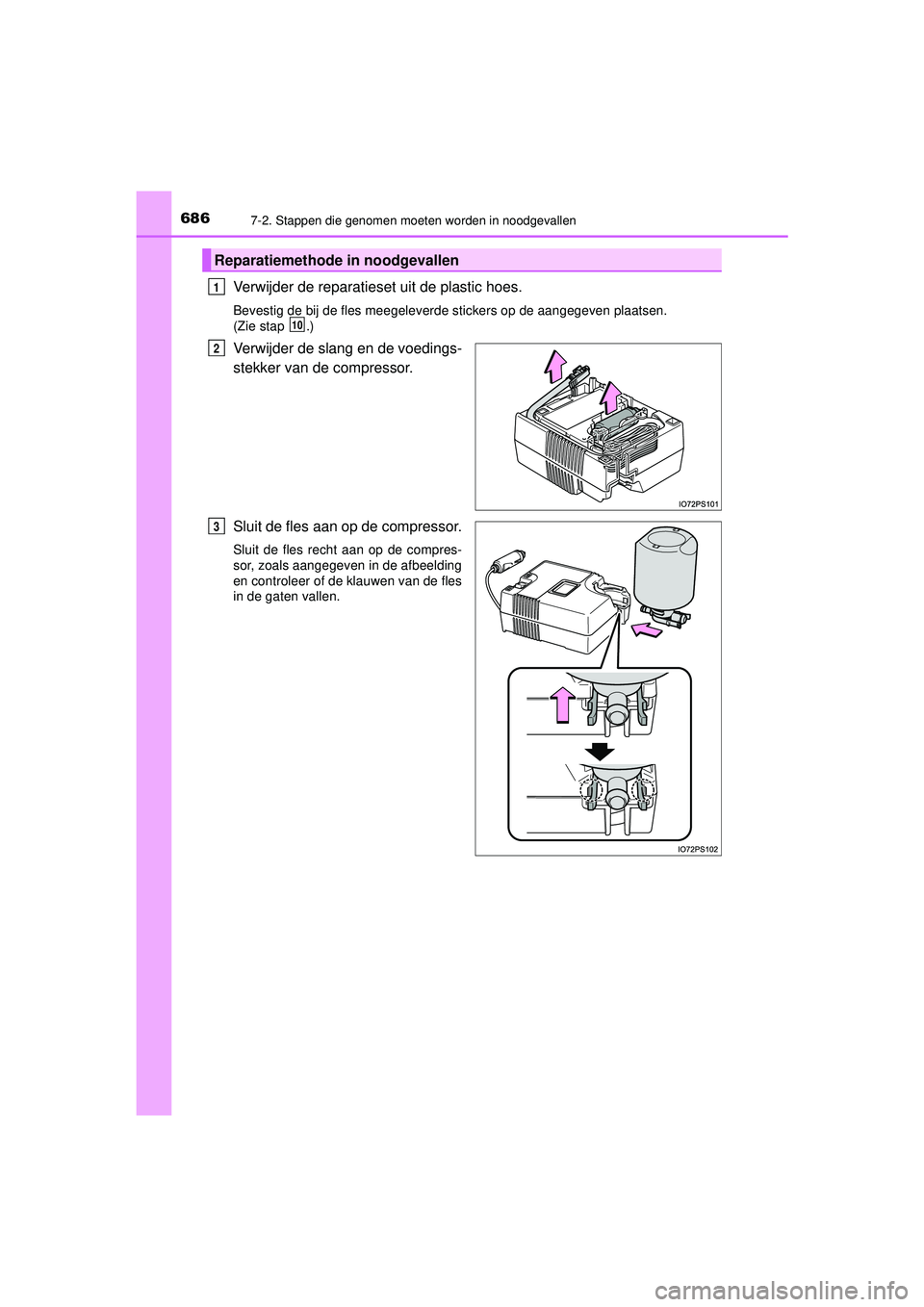 TOYOTA PRIUS 2021  Instructieboekje (in Dutch) 6867-2. Stappen die genomen moeten worden in noodgevallen
PRIUS_OM_OM47E11E_(EE)
Verwijder de reparatieset uit de plastic hoes.
Bevestig de bij de fles meegeleverde stickers op de aangegeven plaatsen.