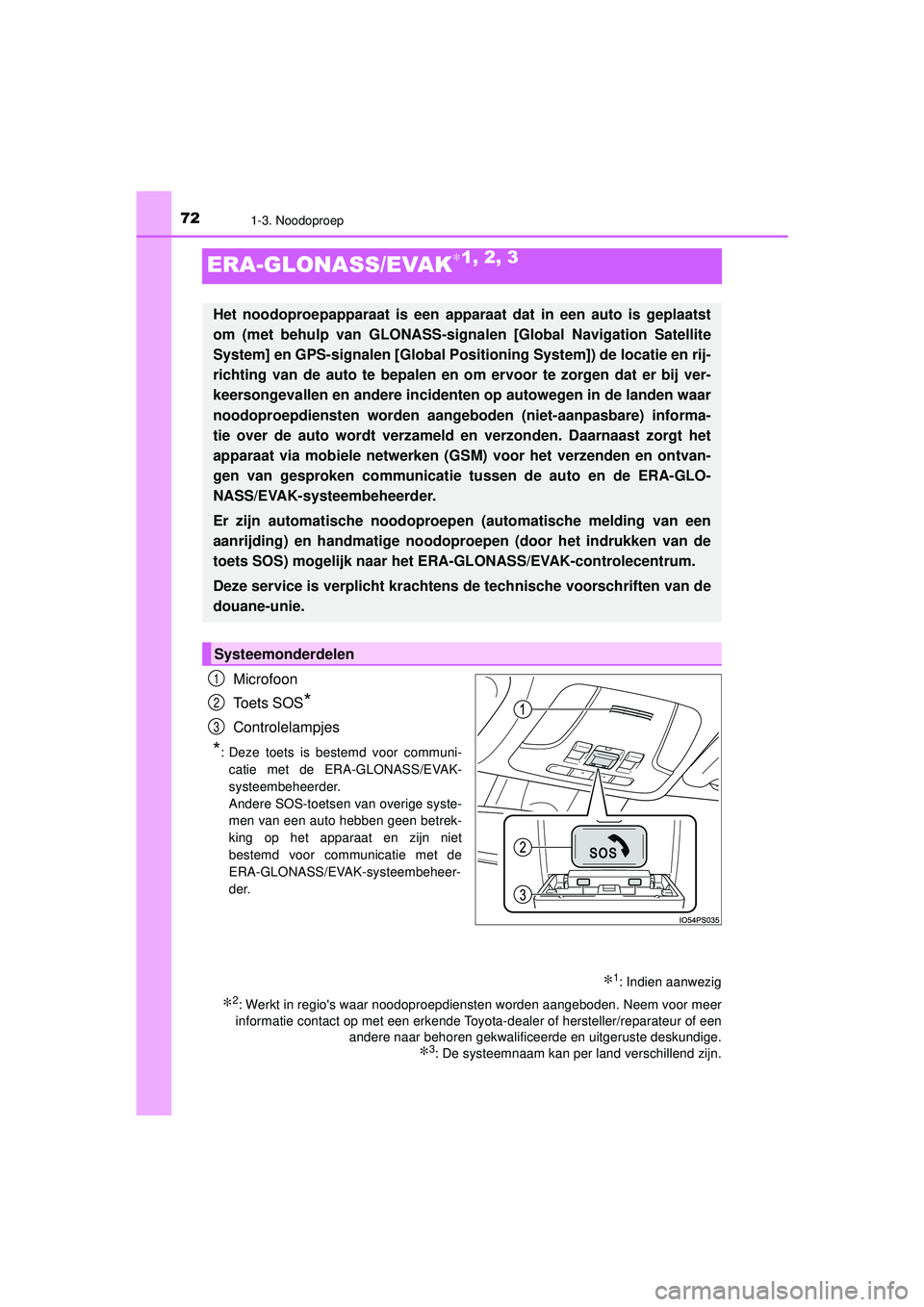 TOYOTA PRIUS 2021 Instructieboekje (in Dutch) 721-3. Noodoproep
PRIUS_OM_OM47E11E_(EE)
ERA-GLONASS/EVAK∗1, 2, 3
Microfoon
Toets SOS
*
Controlelampjes
*: Deze toets is bestemd voor communi-catie met de ERA-GLONASS/EVAK-
systeembeheerder.
Andere TOYOTA PRIUS 2021 Instructieboekje (in Dutch) 721-3. Noodoproep
PRIUS_OM_OM47E11E_(EE)
ERA-GLONASS/EVAK∗1, 2, 3
Microfoon
Toets SOS
*
Controlelampjes
*: Deze toets is bestemd voor communi-catie met de ERA-GLONASS/EVAK-
systeembeheerder.
Andere