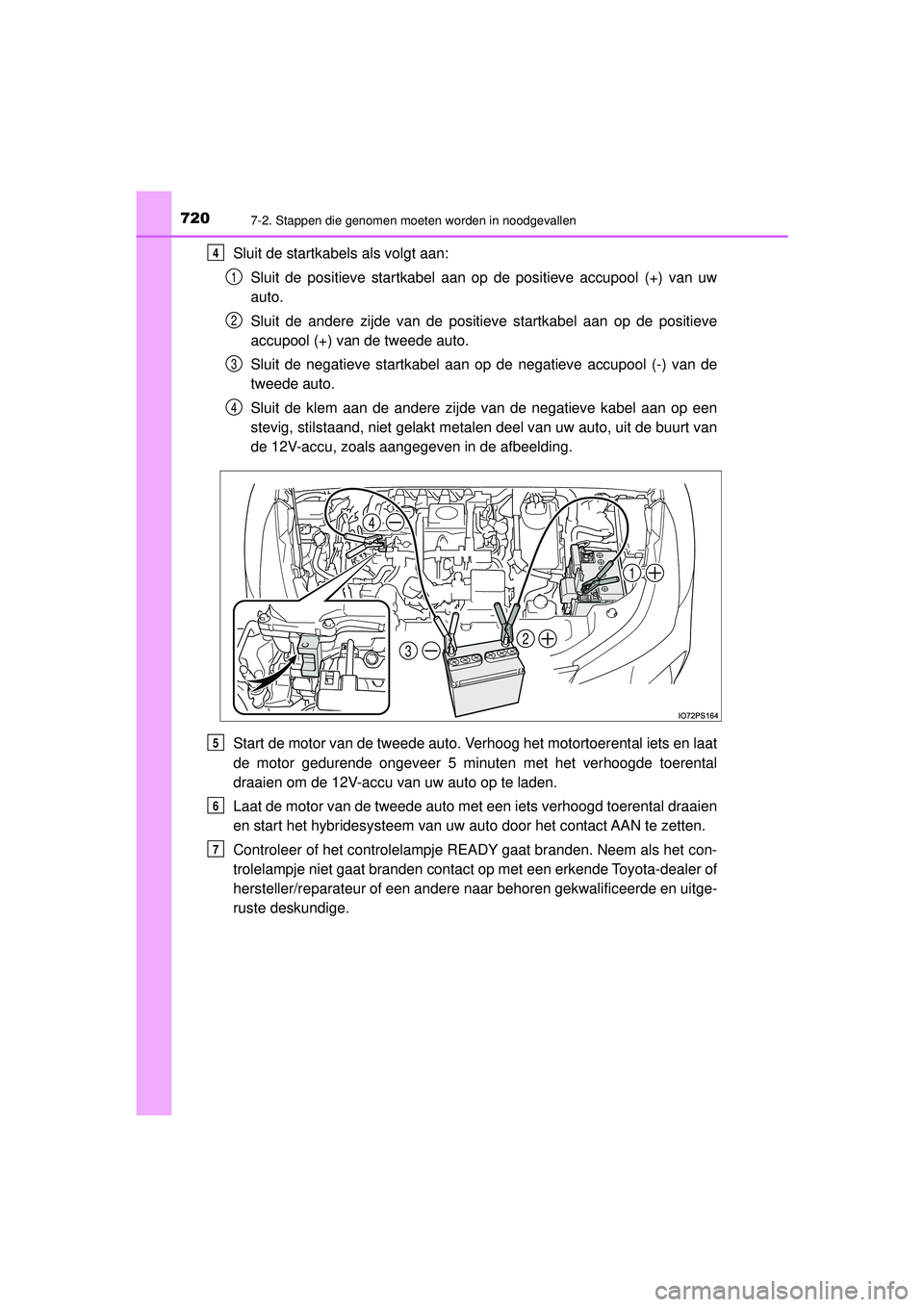 TOYOTA PRIUS 2021 Instructieboekje (in Dutch) 7207-2. Stappen die genomen moeten worden in noodgevallen
PRIUS_OM_OM47E11E_(EE)
Sluit de startkabels als volgt aan:Sluit de positieve startkabel aan op de positieve accupool (+) van uw
auto.
Sluit de TOYOTA PRIUS 2021 Instructieboekje (in Dutch) 7207-2. Stappen die genomen moeten worden in noodgevallen
PRIUS_OM_OM47E11E_(EE)
Sluit de startkabels als volgt aan:Sluit de positieve startkabel aan op de positieve accupool (+) van uw
auto.
Sluit de