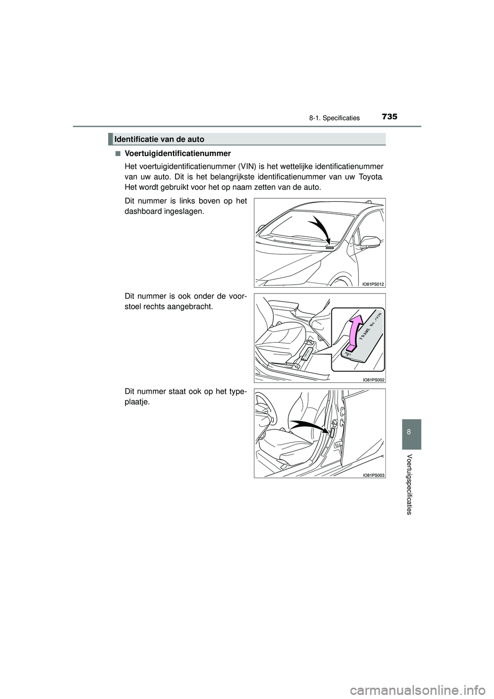 TOYOTA PRIUS 2021  Instructieboekje (in Dutch) 7358-1. Specificaties
PRIUS_OM_OM47E11E_(EE)
8
Voertuigspecificaties
■Voertuigidentificatienummer
Het voertuigidentificatienummer (VIN) is het wettelijke identificatienummer
van uw auto. Dit is het 