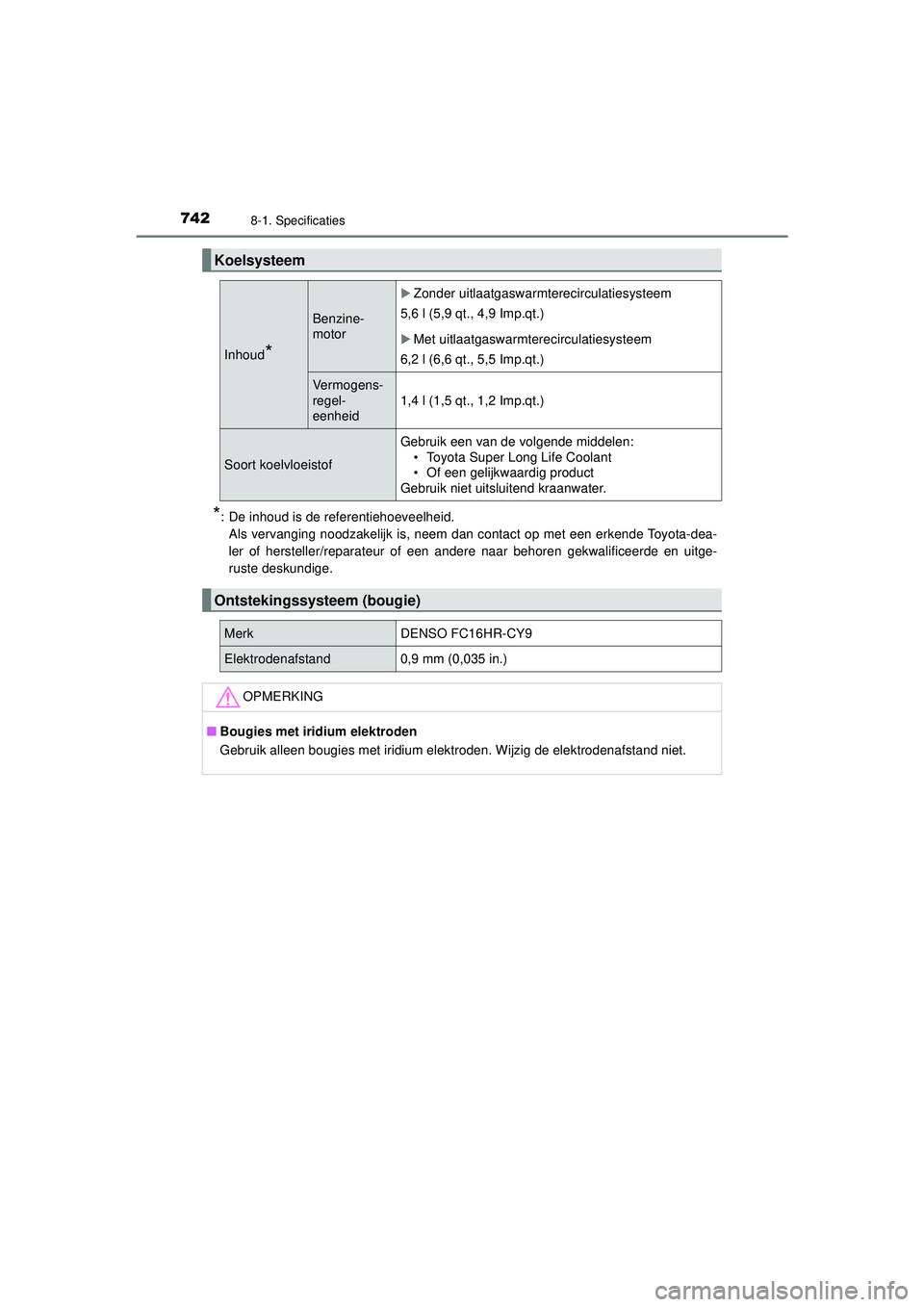 TOYOTA PRIUS 2021 Instructieboekje (in Dutch) 7428-1. Specificaties
PRIUS_OM_OM47E11E_(EE)
*: De inhoud is de referentiehoeveelheid.Als vervanging noodzakelijk is, neem dan contact op met een erkende Toyota-dea-
ler of hersteller/reparateur of ee TOYOTA PRIUS 2021 Instructieboekje (in Dutch) 7428-1. Specificaties
PRIUS_OM_OM47E11E_(EE)
*: De inhoud is de referentiehoeveelheid.Als vervanging noodzakelijk is, neem dan contact op met een erkende Toyota-dea-
ler of hersteller/reparateur of ee