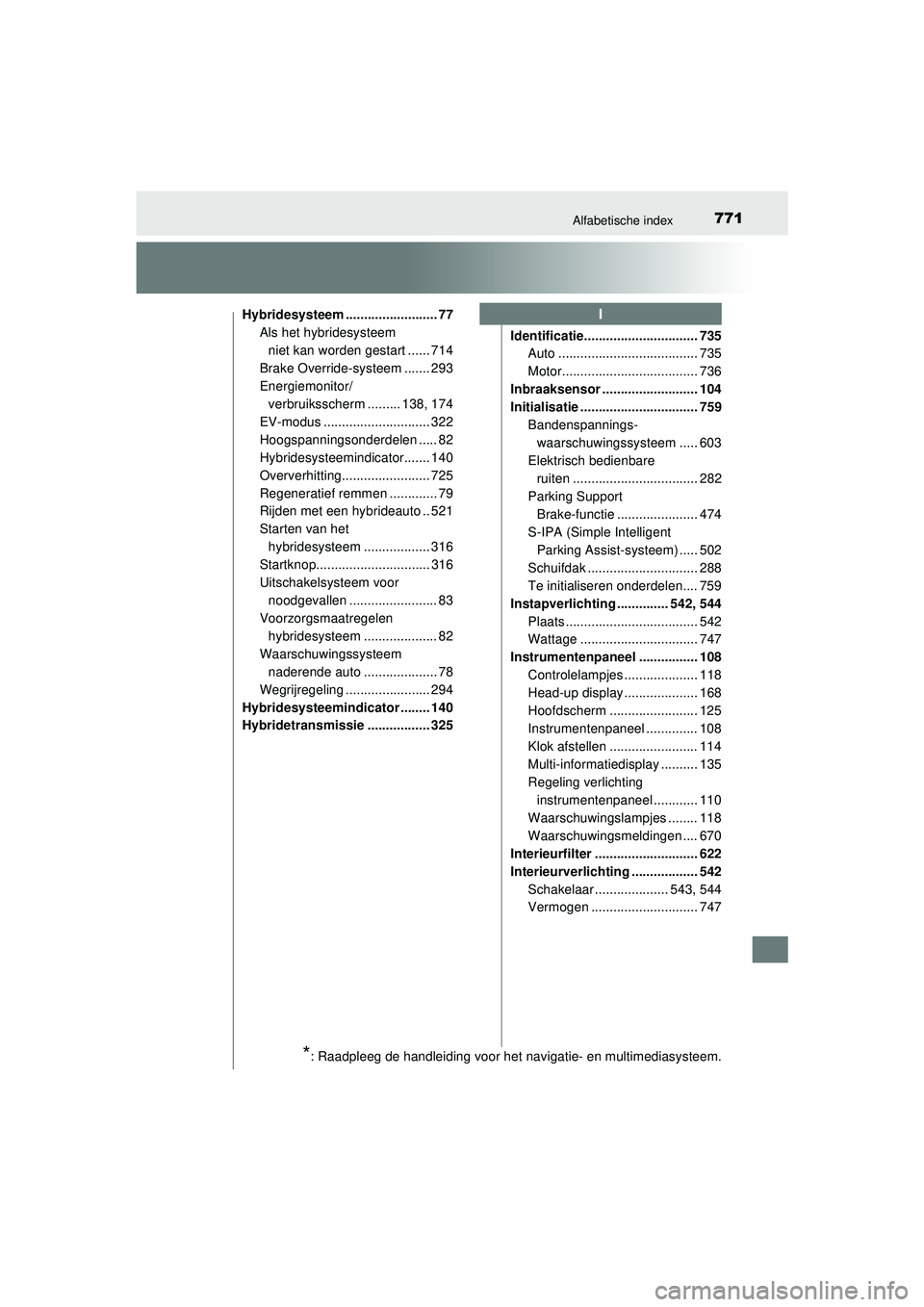 TOYOTA PRIUS 2021 Instructieboekje (in Dutch) 771Alfabetische index
PRIUS_OM_OM47E11E_(EE)Hybridesysteem ......................... 77
Als het hybridesysteem
niet kan worden gestart ...... 714
Brake Override-systeem ....... 293
Energiemonitor/ ve TOYOTA PRIUS 2021 Instructieboekje (in Dutch) 771Alfabetische index
PRIUS_OM_OM47E11E_(EE)Hybridesysteem ......................... 77
Als het hybridesysteem
niet kan worden gestart ...... 714
Brake Override-systeem ....... 293
Energiemonitor/ ve