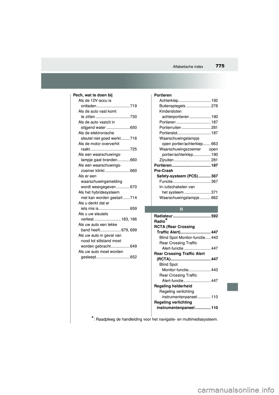 TOYOTA PRIUS 2021 Instructieboekje (in Dutch) 775Alfabetische index
PRIUS_OM_OM47E11E_(EE)Pech, wat te doen bij
Als de 12V-accu is
ontladen .............................. 719
Als de auto vast komt te zitten ............................... 730
A TOYOTA PRIUS 2021 Instructieboekje (in Dutch) 775Alfabetische index
PRIUS_OM_OM47E11E_(EE)Pech, wat te doen bij
Als de 12V-accu is
ontladen .............................. 719
Als de auto vast komt te zitten ............................... 730
A