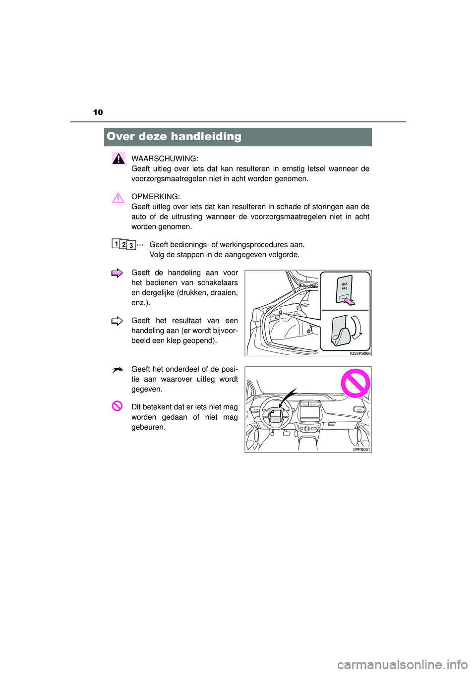 TOYOTA PRIUS 2021 Instructieboekje (in Dutch) 10
PRIUS_OM_OM47E11E_(EE)
Over deze handleiding
WAARSCHUWING:
Geeft uitleg over iets dat kan resulteren in ernstig letsel wanneer de
voorzorgsmaatregelen niet in acht worden genomen.
OPMERKING:
Geef TOYOTA PRIUS 2021 Instructieboekje (in Dutch) 10
PRIUS_OM_OM47E11E_(EE)
Over deze handleiding
WAARSCHUWING:
Geeft uitleg over iets dat kan resulteren in ernstig letsel wanneer de
voorzorgsmaatregelen niet in acht worden genomen.
OPMERKING:
Geef