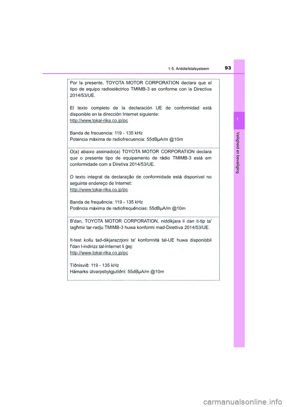 TOYOTA PRIUS 2021  Instructieboekje (in Dutch) 931-5. Antidiefstalsysteem
1
PRIUS_OM_OM47E11E_(EE)
Veiligheid en beveiliging
PRIUS_OM_OM47E11E_(EE).book  Page 93  Monday, July 6, 2020  1:18 PM 