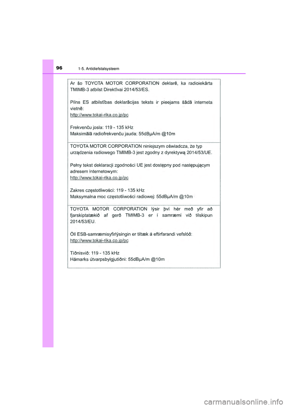 TOYOTA PRIUS 2021  Instructieboekje (in Dutch) 961-5. Antidiefstalsysteem
PRIUS_OM_OM47E11E_(EE)
PRIUS_OM_OM47E11E_(EE).book  Page 96  Monday, July 6, 2020  1:18 PM 