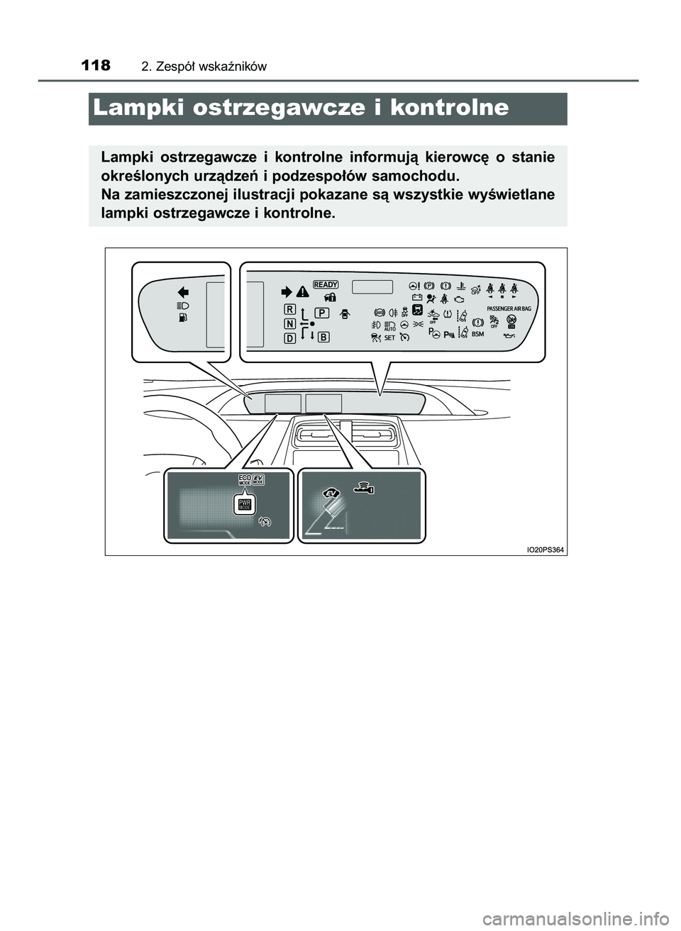 TOYOTA PRIUS 2021  Instrukcja obsługi (in Polish) 1182. Zespó∏ wskaêników
Lampki ostrzegawcze i kontrolne
Lampki  ostrzegawcze  i kontrolne  informujà  kierowc´  o stanie
okreÊlonych urzàdzeƒ i podzespo∏ów samochodu.
Na zamieszczonej ilu