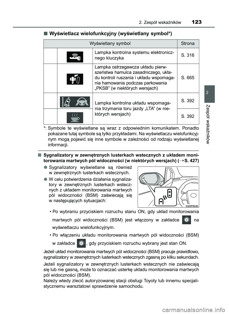 TOYOTA PRIUS 2021  Instrukcja obsługi (in Polish) WyÊwietlacz wielofunkcyjny (wyÊwietlany symbol*)
*: Symbole  te  wyÊwietlane  sà  wraz  z odpowiednim  komunikatem.  Ponadto
pokazane tutaj symbole sà tylko przyk∏adami. Na wyÊwietlaczu wielof