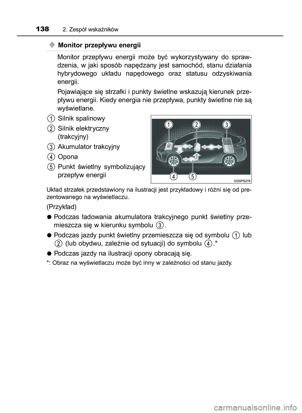 TOYOTA PRIUS 2021  Instrukcja obsługi (in Polish) Monitor przep∏ywu energii
Monitor  przep∏ywu  energii  mo˝e  byç  wykorzystywany  do  spraw-
dzenia,  w jaki  sposób  nap´dzany  jest  samochód,  stanu  dzia∏ania
hybrydowego  uk∏adu  na