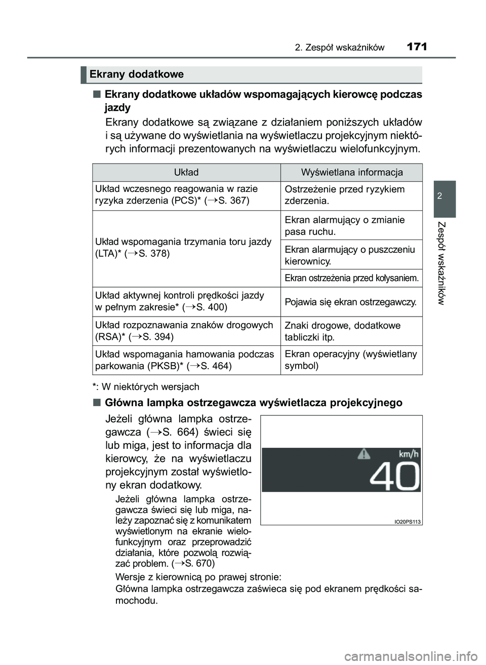 TOYOTA PRIUS 2021  Instrukcja obsługi (in Polish) Ekrany dodatkowe uk∏adów wspomagajàcych kierowc´ podczas
jazdy
Ekrany  dodatkowe  sà  zwiàzane  z dzia∏aniem  poni˝szych  uk∏adów
i sà u˝ywane do wyÊwietlania na wyÊwietlaczu projekcy