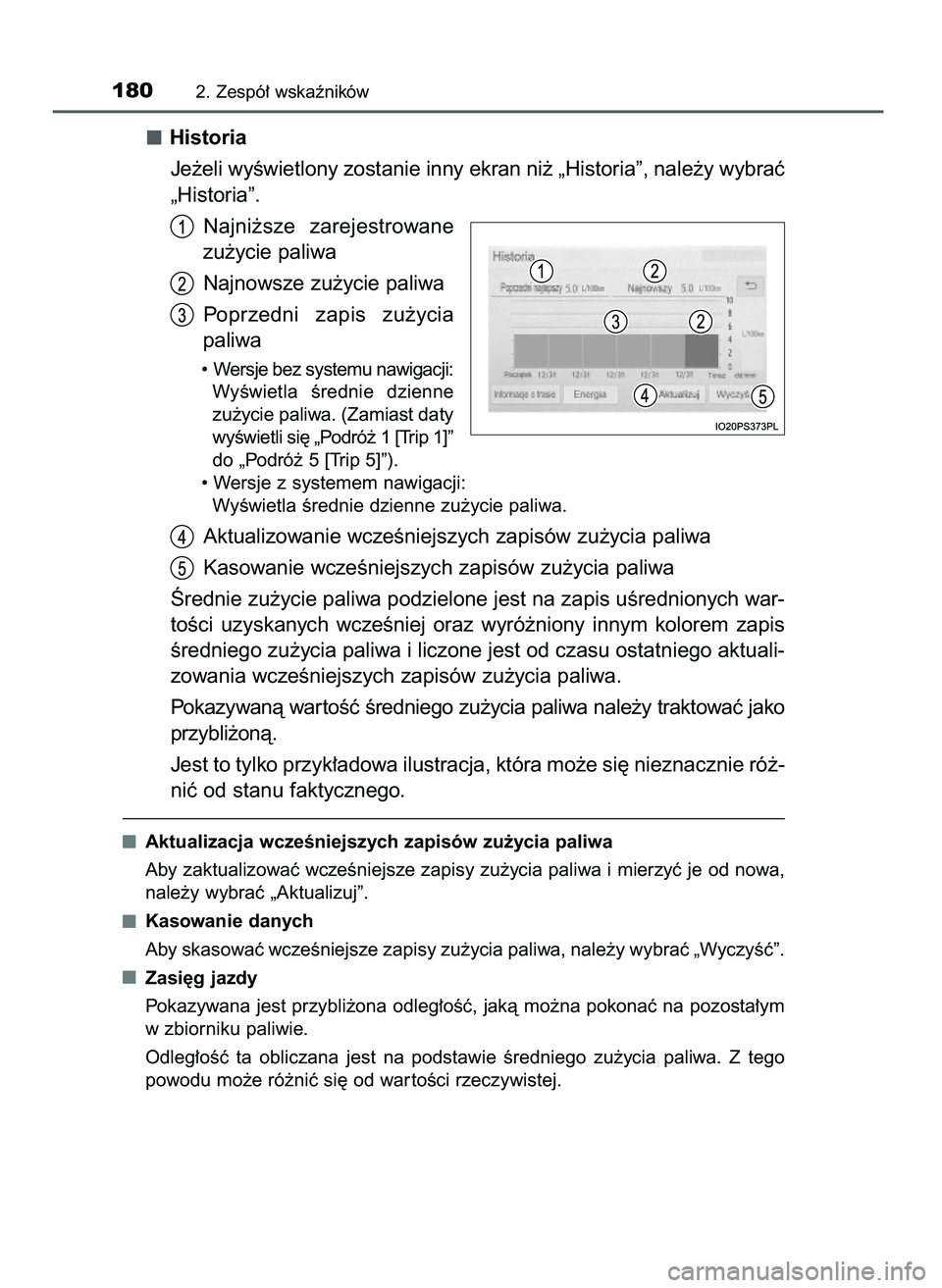 TOYOTA PRIUS 2021  Instrukcja obsługi (in Polish) Historia
Je˝eli wyÊwietlony zostanie inny ekran ni˝ „Historia”, nale˝y wybraç
„Historia”.
Najni˝sze  zarejestrowane
zu˝ycie paliwa
Najnowsze zu˝ycie paliwa
Poprzedni  zapis  zu˝ycia
p