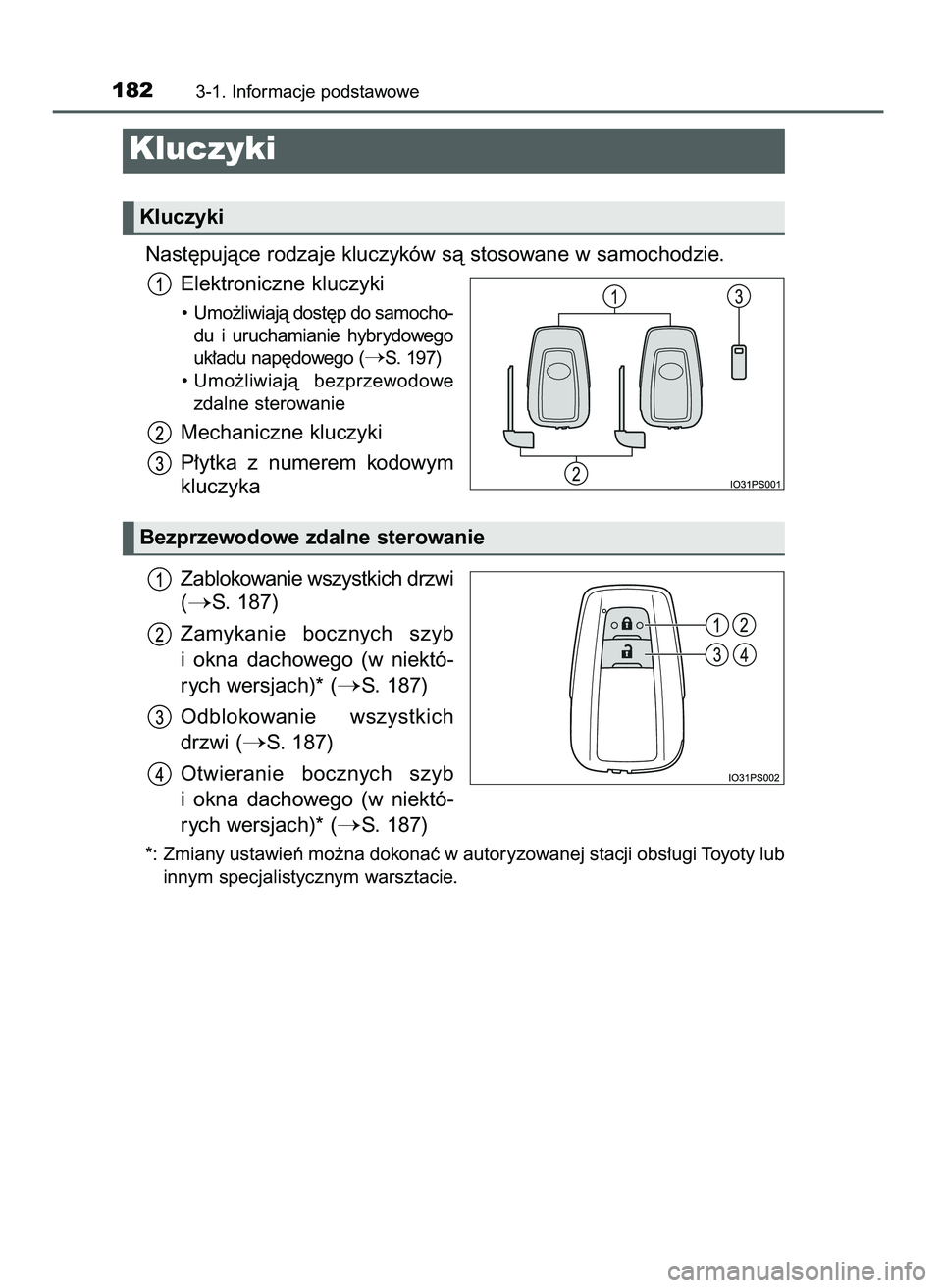TOYOTA PRIUS 2021  Instrukcja obsługi (in Polish) Nast´pujàce rodzaje kluczyków sà stosowane w samochodzie.
Elektroniczne kluczyki
•  Umo˝liwiajà dost´p do samocho-
du  i uruchamianie  hybrydowego
uk∏adu nap´dowego (
S. 197)
• Umo˝liw