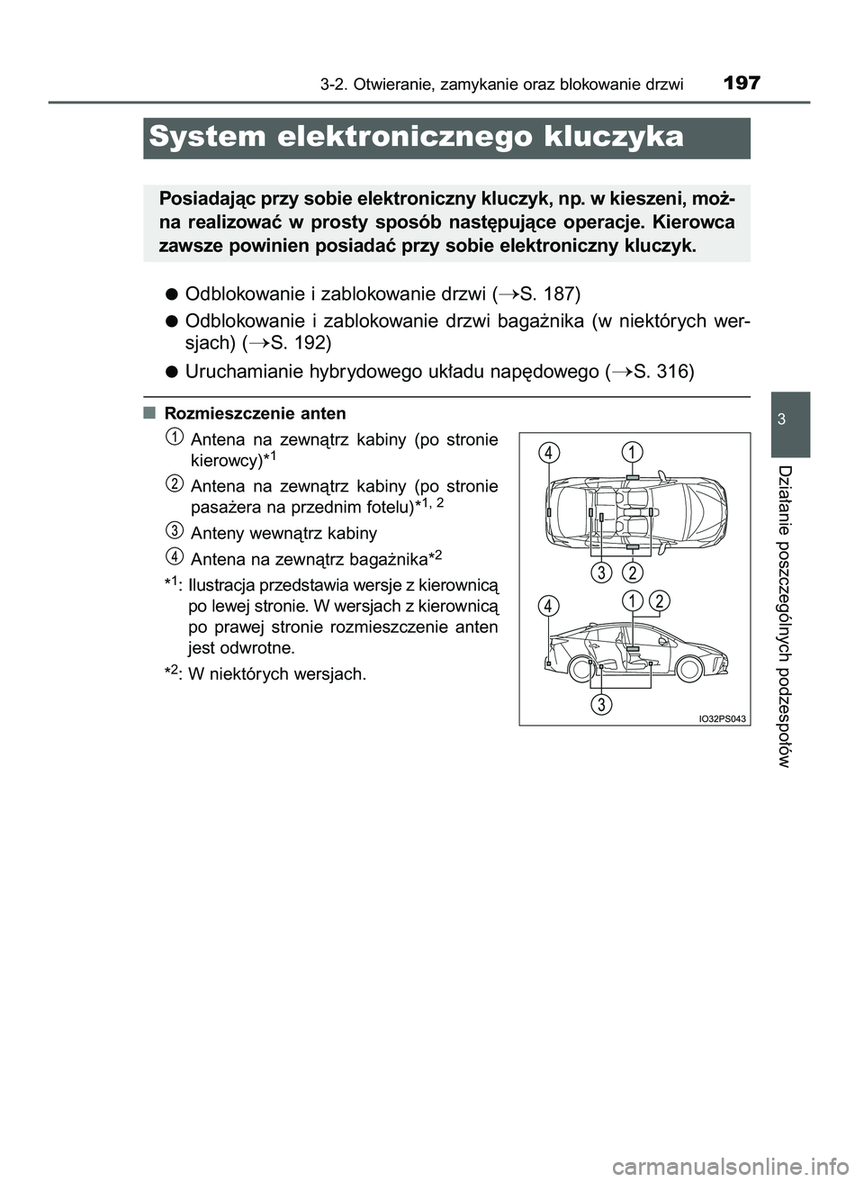 TOYOTA PRIUS 2021  Instrukcja obsługi (in Polish) Odblokowanie i zablokowanie drzwi (S. 187)
Odblokowanie  i zablokowanie  drzwi  baga˝nika  (w niektórych  wer-
sjach) (
S. 192)
Uruchamianie hybrydowego uk∏adu nap´dowego (
S. 316)
Rozmieszcze