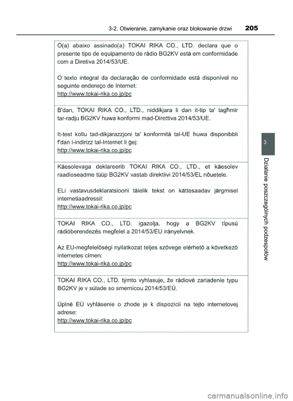 TOYOTA PRIUS 2021  Instrukcja obsługi (in Polish) 3-2. Otwieranie, zamykanie oraz blokowanie drzwi205
3
Dzia∏anie poszczególnych podzespo∏ów
39 PRIUS OM47E11E  18/8/20  14:45  Page 205 