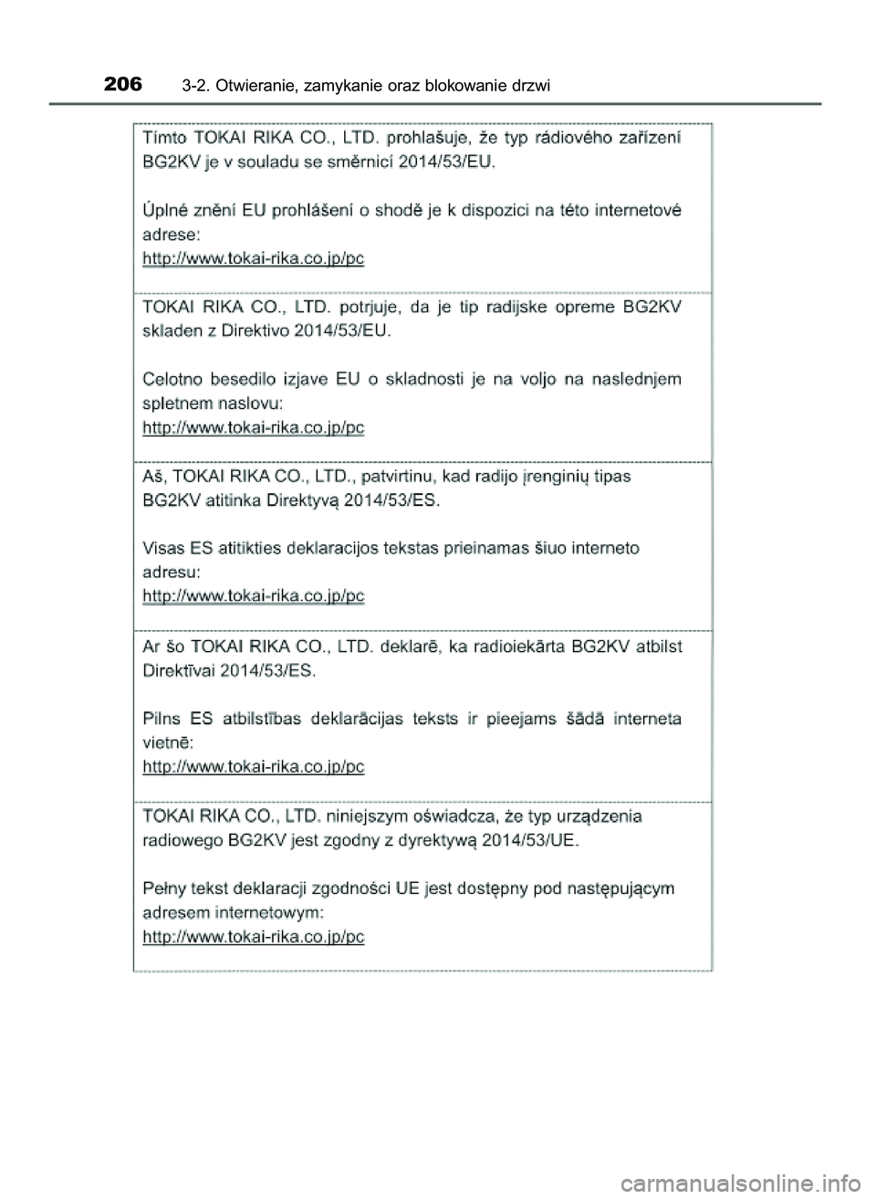 TOYOTA PRIUS 2021  Instrukcja obsługi (in Polish) 2063-2. Otwieranie, zamykanie oraz blokowanie drzwi
39 PRIUS OM47E11E  18/8/20  14:45  Page 206 