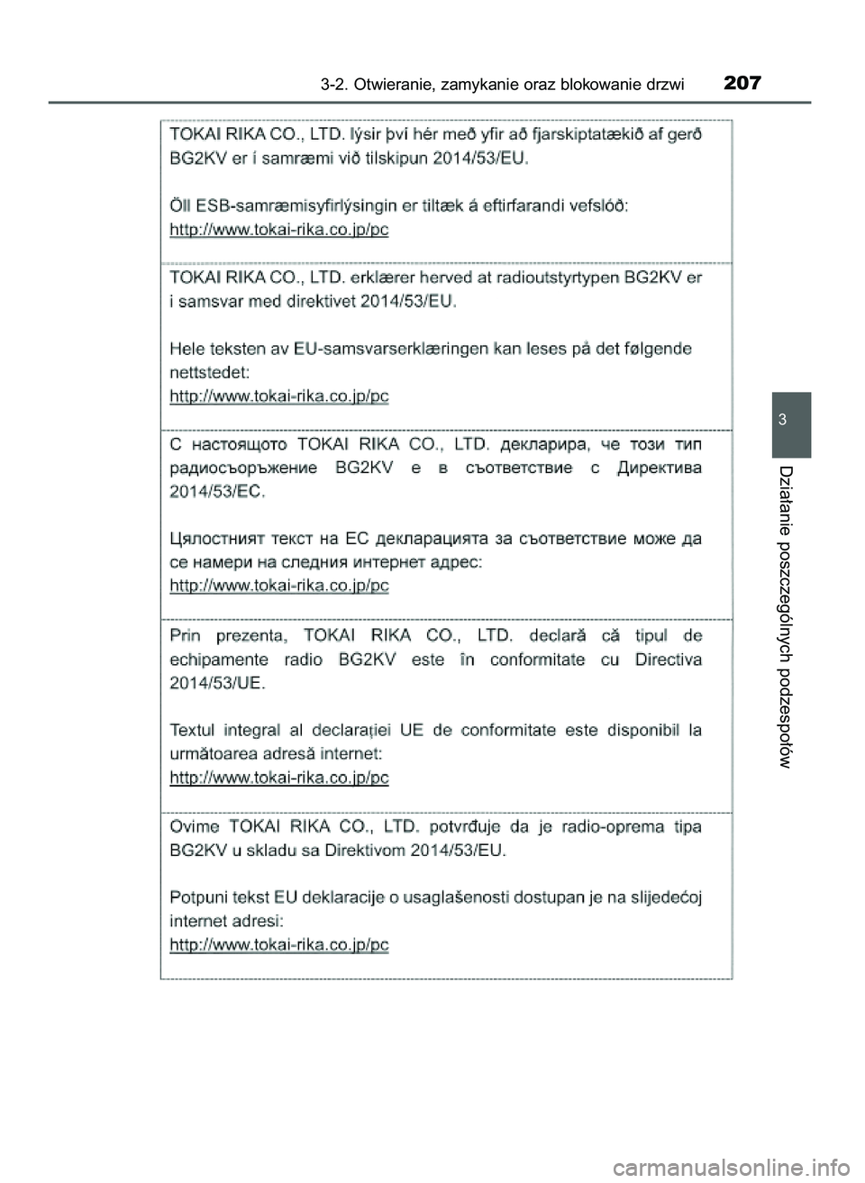 TOYOTA PRIUS 2021  Instrukcja obsługi (in Polish) 3-2. Otwieranie, zamykanie oraz blokowanie drzwi207
3
Dzia∏anie poszczególnych podzespo∏ów
39 PRIUS OM47E11E  18/8/20  14:45  Page 207 