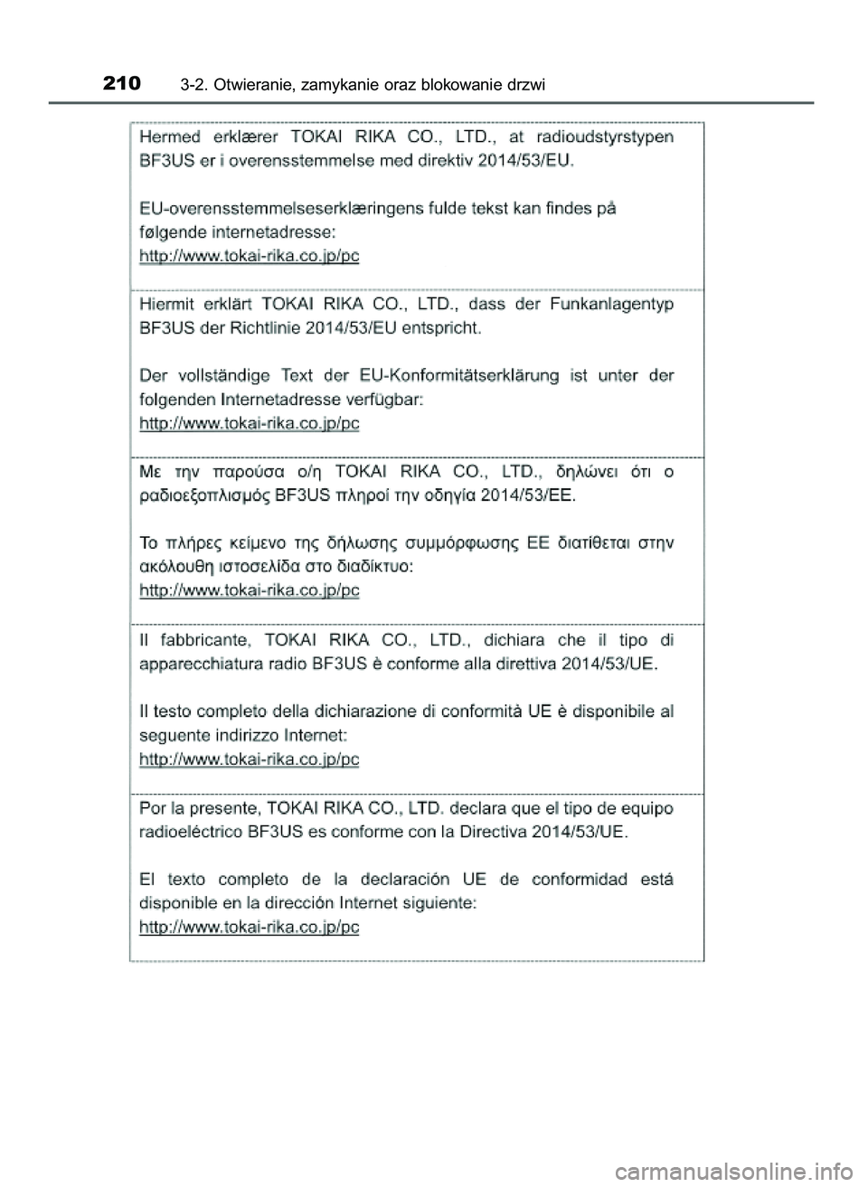 TOYOTA PRIUS 2021  Instrukcja obsługi (in Polish) 2103-2. Otwieranie, zamykanie oraz blokowanie drzwi
39 PRIUS OM47E11E  18/8/20  14:45  Page 210 