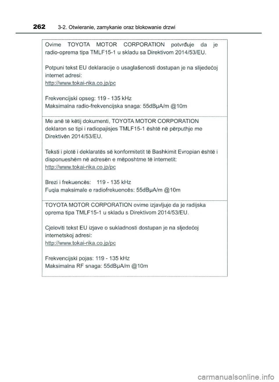 TOYOTA PRIUS 2021  Instrukcja obsługi (in Polish) 2623-2. Otwieranie, zamykanie oraz blokowanie drzwi
39 PRIUS OM47E11E  18/8/20  14:46  Page 262 