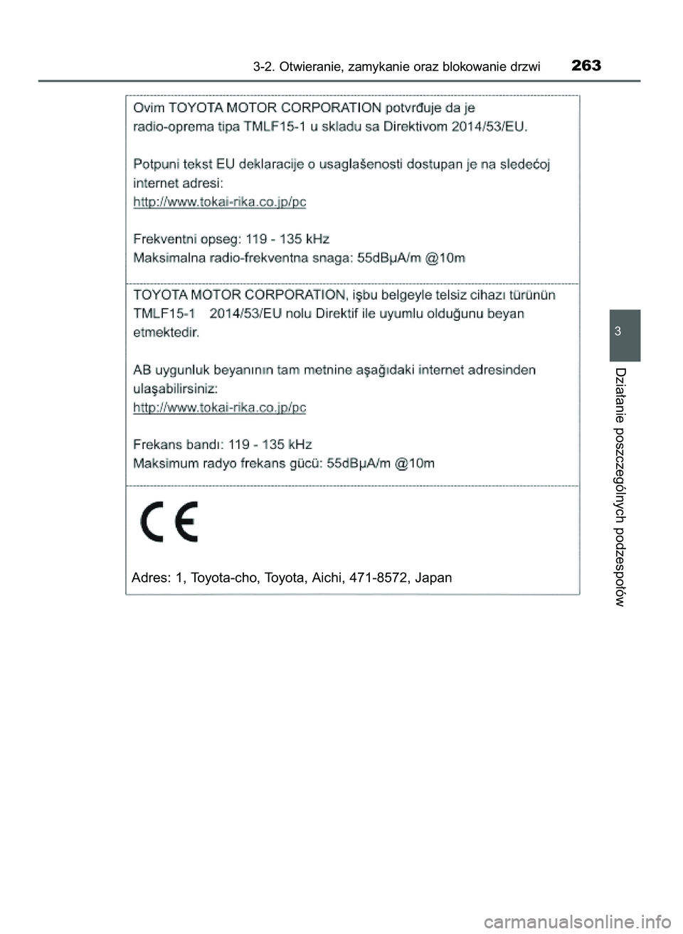 TOYOTA PRIUS 2021  Instrukcja obsługi (in Polish) 3-2. Otwieranie, zamykanie oraz blokowanie drzwi263
3
Dzia∏anie poszczególnych podzespo∏ów
Adres: 1, Toyota-cho, Toyota, Aichi, 471-8572, Japan
39 PRIUS OM47E11E  18/8/20  14:46  Page 263 