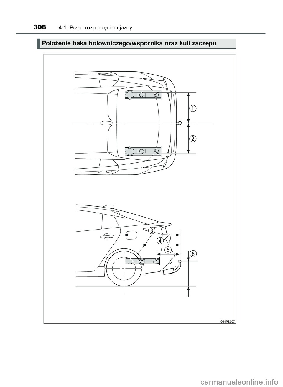 TOYOTA PRIUS 2021  Instrukcja obsługi (in Polish) 3084-1. Przed rozpocz´ciem jazdy
Po∏o˝enie haka holowniczego/wspornika oraz kuli zaczepu
39 PRIUS OM47E11E  18/8/20  14:46  Page 308 