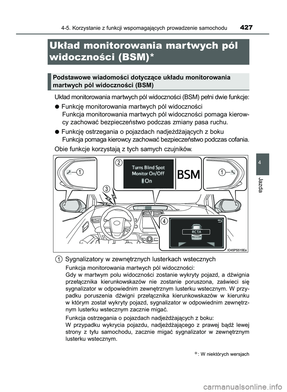 TOYOTA PRIUS 2021  Instrukcja obsługi (in Polish) Uk∏ad monitorowania mar twych pól widocznoÊci (BSM) pe∏ni dwie funkcje:
Funkcj´ monitorowania mar twych pól widocznoÊci
Funkcja monitorowania mar twych pól widocznoÊci pomaga kierow-
cy zac