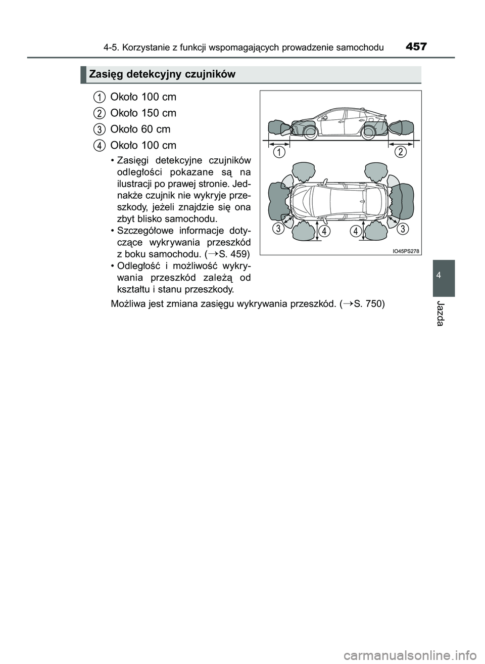 TOYOTA PRIUS 2021  Instrukcja obsługi (in Polish) Oko∏o 100 cm
Oko∏o 150 cm
Oko∏o 60 cm
Oko∏o 100 cm
• Zasi´gi  detekcyjne  czujników
odleg∏oÊci  pokazane  sà  na
ilustracji po prawej stronie. Jed-
nak˝e czujnik nie wykryje prze-
szk