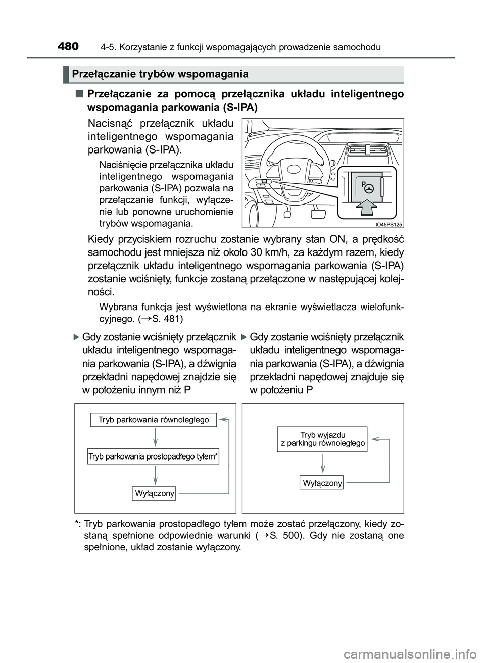 TOYOTA PRIUS 2021  Instrukcja obsługi (in Polish) Prze∏àczanie  za  pomocà  prze∏àcznika  uk∏adu  inteligentnego
wspomagania parkowania (S-IPA)
Nacisnàç  prze∏àcznik  uk∏adu
inteligentnego  wspomagania
parkowania (S-IPA).
NaciÊni´ci