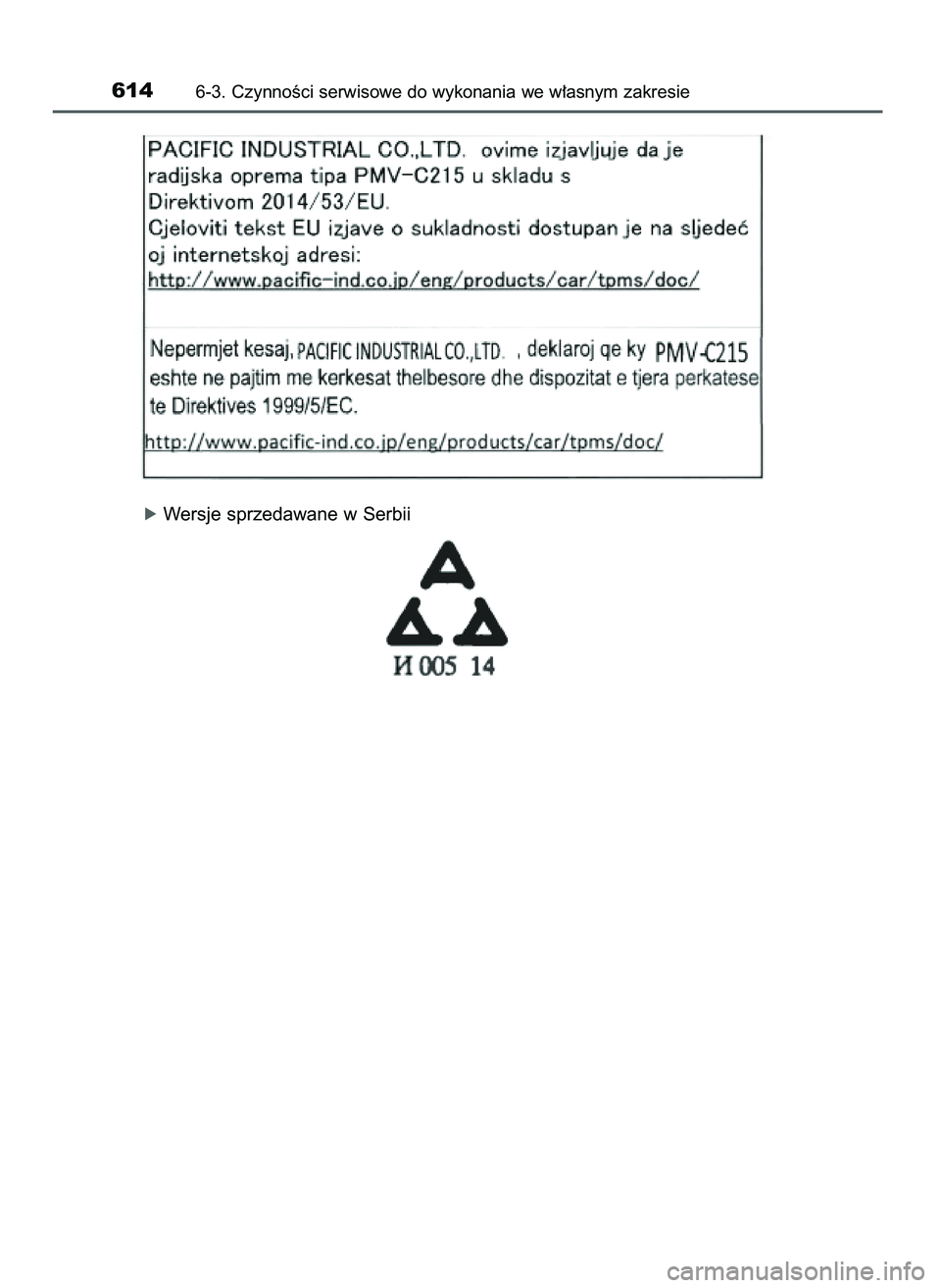 TOYOTA PRIUS 2021  Instrukcja obsługi (in Polish) óWersje sprzedawane w Serbii
6146-3. CzynnoÊci serwisowe do wykonania we w∏asnym zakresie
39 PRIUS OM47E11E  18/8/20  14:47  Page 614 