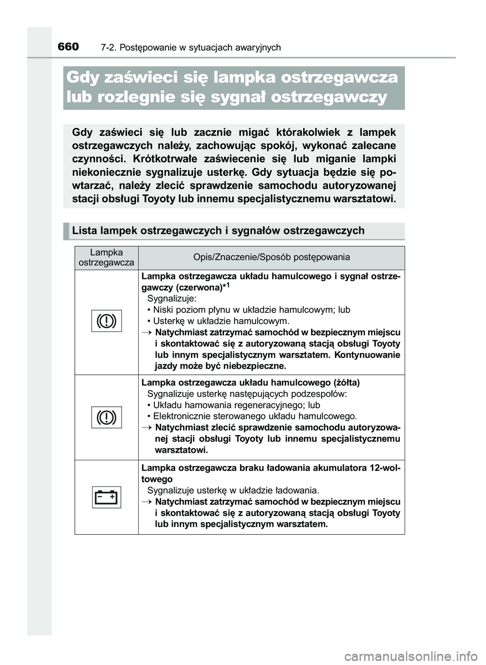 TOYOTA PRIUS 2021  Instrukcja obsługi (in Polish) 6607-2. Post´powanie w sytuacjach awaryjnych
Gdy zaÊwieci si´ lampka ostrzegawcza
lub rozlegnie si´ sygna∏ ostrzegawczy
Gdy  zaÊwieci  si´  lub  zacznie  migaç  którakolwiek  z lampek
ostrze