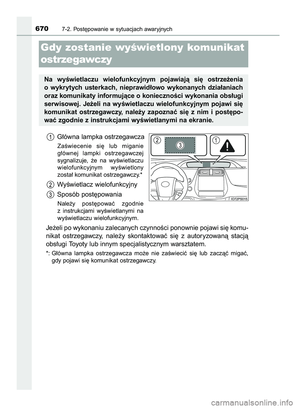 TOYOTA PRIUS 2021  Instrukcja obsługi (in Polish) G∏ówna lampka ostrzegawcza
ZaÊwiecenie  si´  lub  miganie
g∏ównej  lampki  ostrzegawczej
sygnalizuje,  ˝e  na  wyÊwietlaczu
wielofunkcyjnym  wyÊwietlony
zosta∏ komunikat ostrzegawczy.*
Wy