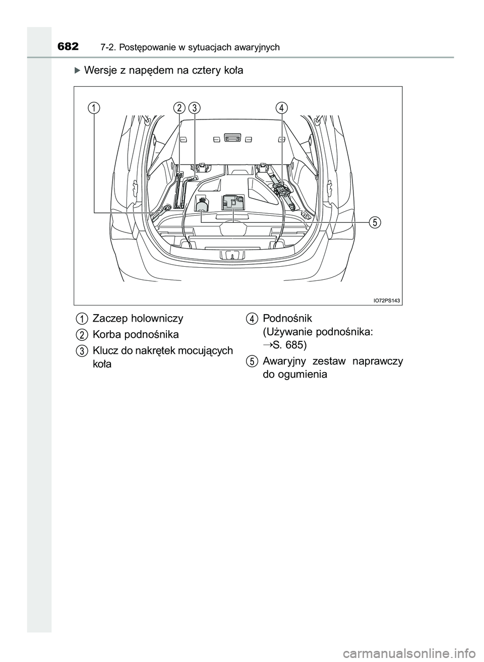 TOYOTA PRIUS 2021  Instrukcja obsługi (in Polish) óWersje z nap´dem na cztery ko∏a
6827-2. Post´powanie w sytuacjach awaryjnych
Zaczep holowniczy
Korba podnoÊnika
Klucz do nakr´tek mocujàcych
ko∏aPodnoÊnik 
(U˝ywanie podnoÊnika: 
S. 685