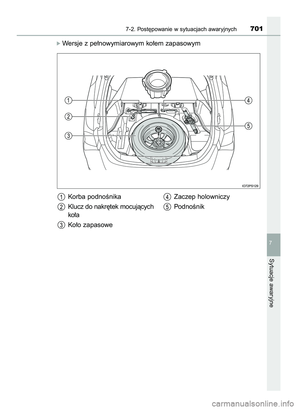 TOYOTA PRIUS 2021  Instrukcja obsługi (in Polish) óWersje z pe∏nowymiarowym ko∏em zapasowym
7-2. Post´powanie w sytuacjach awaryjnych701
7
Sytuacje awaryjne
Korba podnoÊnika
Klucz do nakr´tek mocujàcych
ko∏a
Ko∏o zapasoweZaczep holownicz
