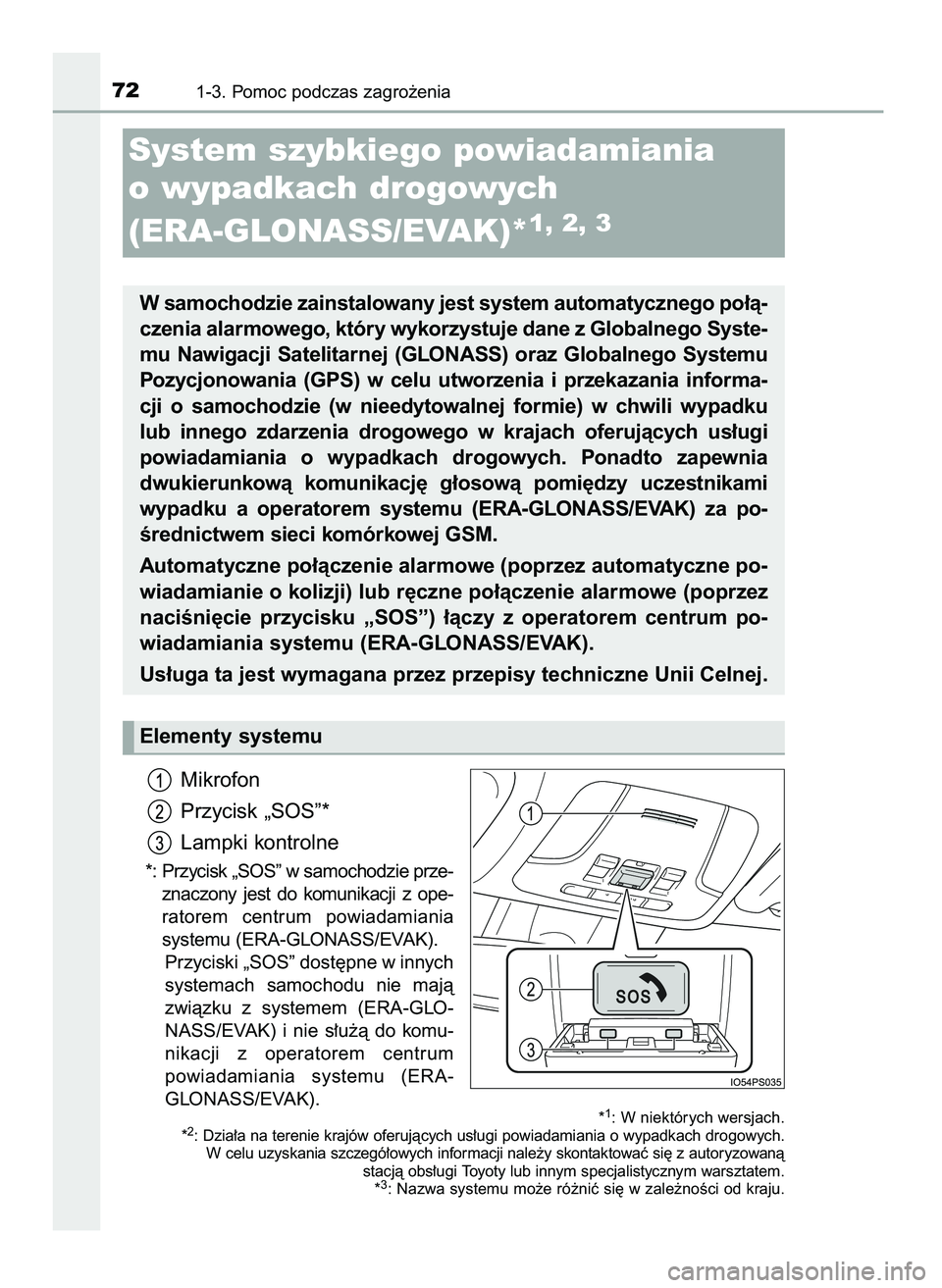 TOYOTA PRIUS 2021  Instrukcja obsługi (in Polish) Mikrofon
Przycisk „SOS”*
Lampki kontrolne
*: Przycisk „SOS” w samochodzie prze-
znaczony  jest  do  komunikacji  z ope-
ratorem  centrum  powiadamiania 
systemu (ERA-GLONASS/EVAK).
Przyciski 