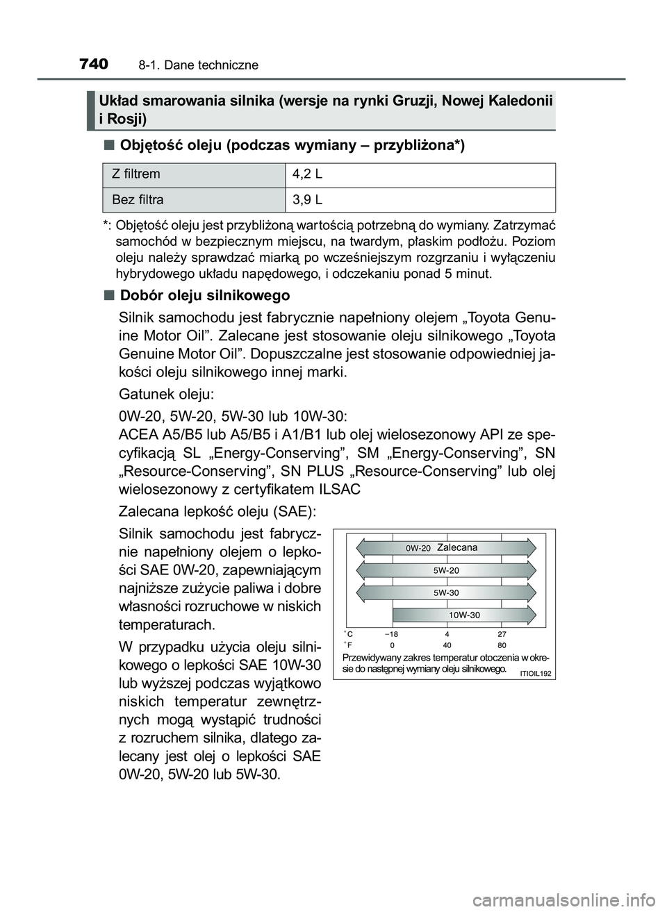 TOYOTA PRIUS 2021  Instrukcja obsługi (in Polish) Obj´toÊç oleju (podczas wymiany – przybli˝ona*)
*: Obj´toÊç oleju jest przybli˝onà war toÊcià potrzebnà do wymiany. Zatrzymaç
samochód  w bezpiecznym  miejscu,  na  twardym,  p∏askim