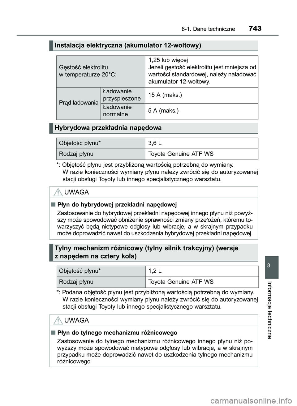 TOYOTA PRIUS 2021  Instrukcja obsługi (in Polish) *: Obj´toÊç p∏ynu jest przybli˝onà war toÊcià potrzebnà do wymiany.
W razie koniecznoÊci wymiany p∏ynu nale˝y zwróciç si´ do autoryzowanej
stacji obs∏ugi Toyoty lub innego specjalis