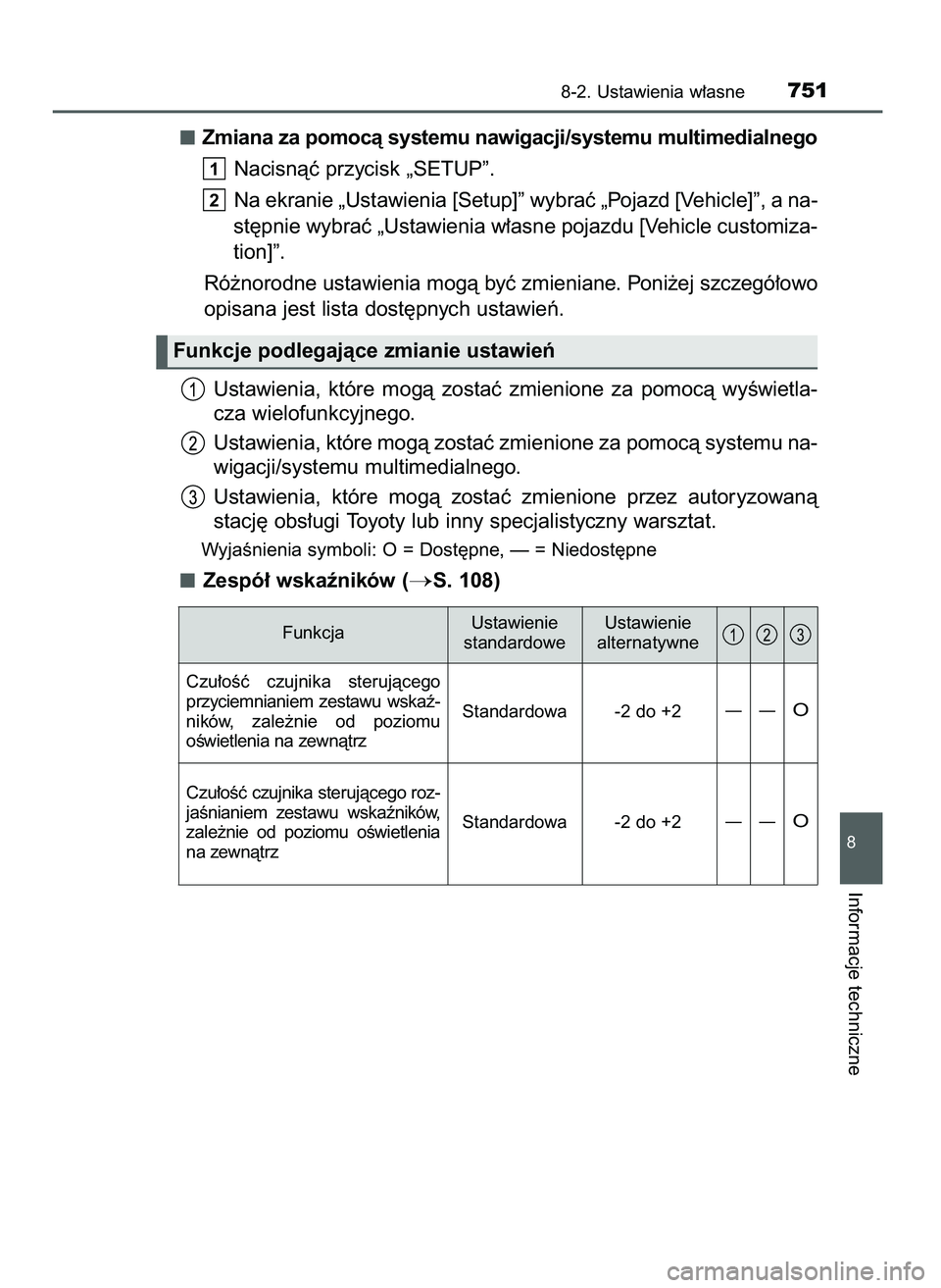 TOYOTA PRIUS 2021  Instrukcja obsługi (in Polish) Zmiana za pomocà systemu nawigacji/systemu multimedialnego
Nacisnàç przycisk „SETUP”.
Na ekranie „Ustawienia [Setup]” wybraç „Pojazd [Vehicle]”, a na-
st´pnie wybraç „Ustawienia w