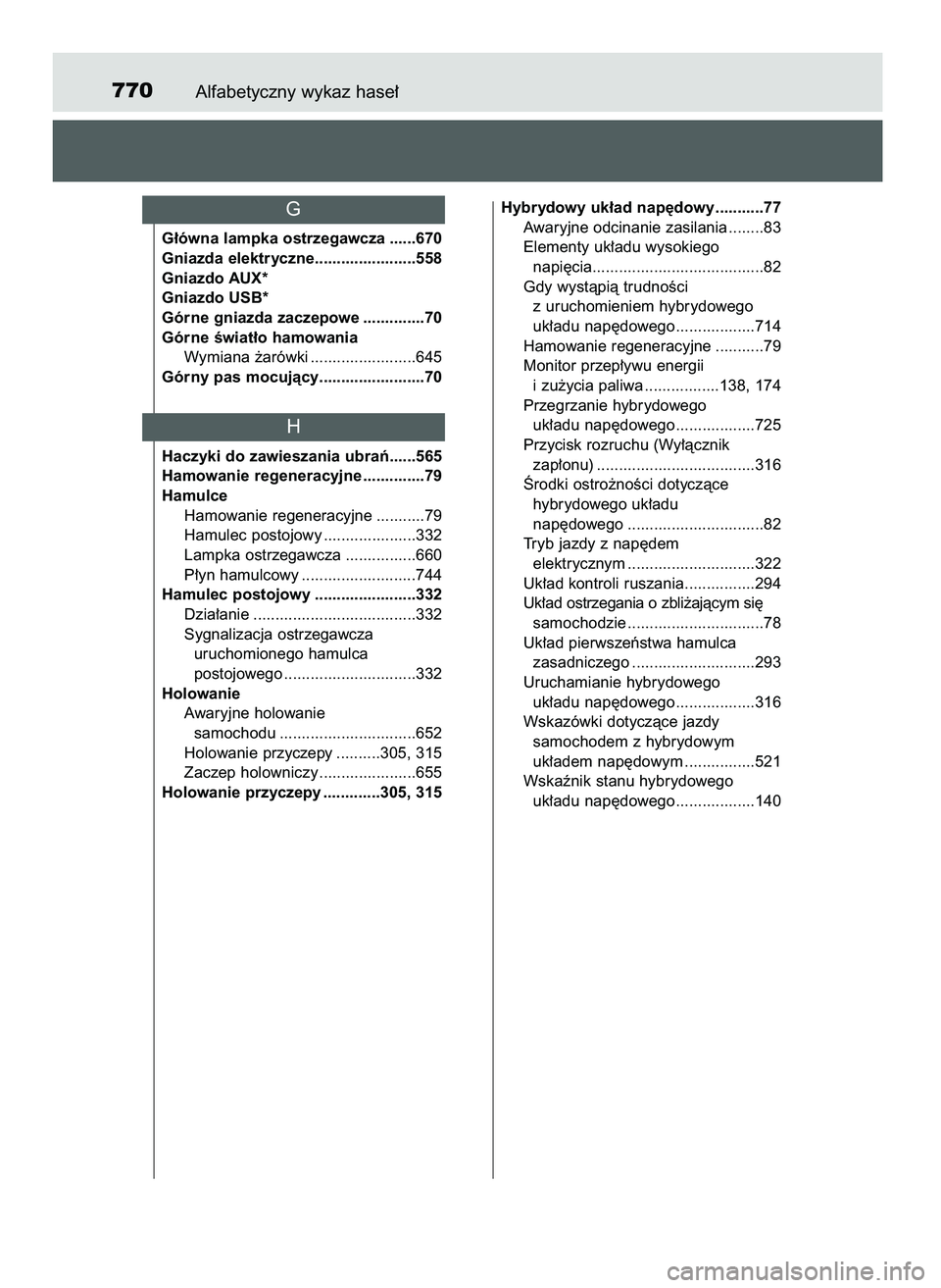 TOYOTA PRIUS 2021  Instrukcja obsługi (in Polish) Alfabetyczny wykaz hase∏770
G∏ówna lampka ostrzegawcza ......670
Gniazda elektryczne.......................558
Gniazdo AUX*
Gniazdo USB*
Górne gniazda zaczepowe ..............70
Górne Êwiat∏